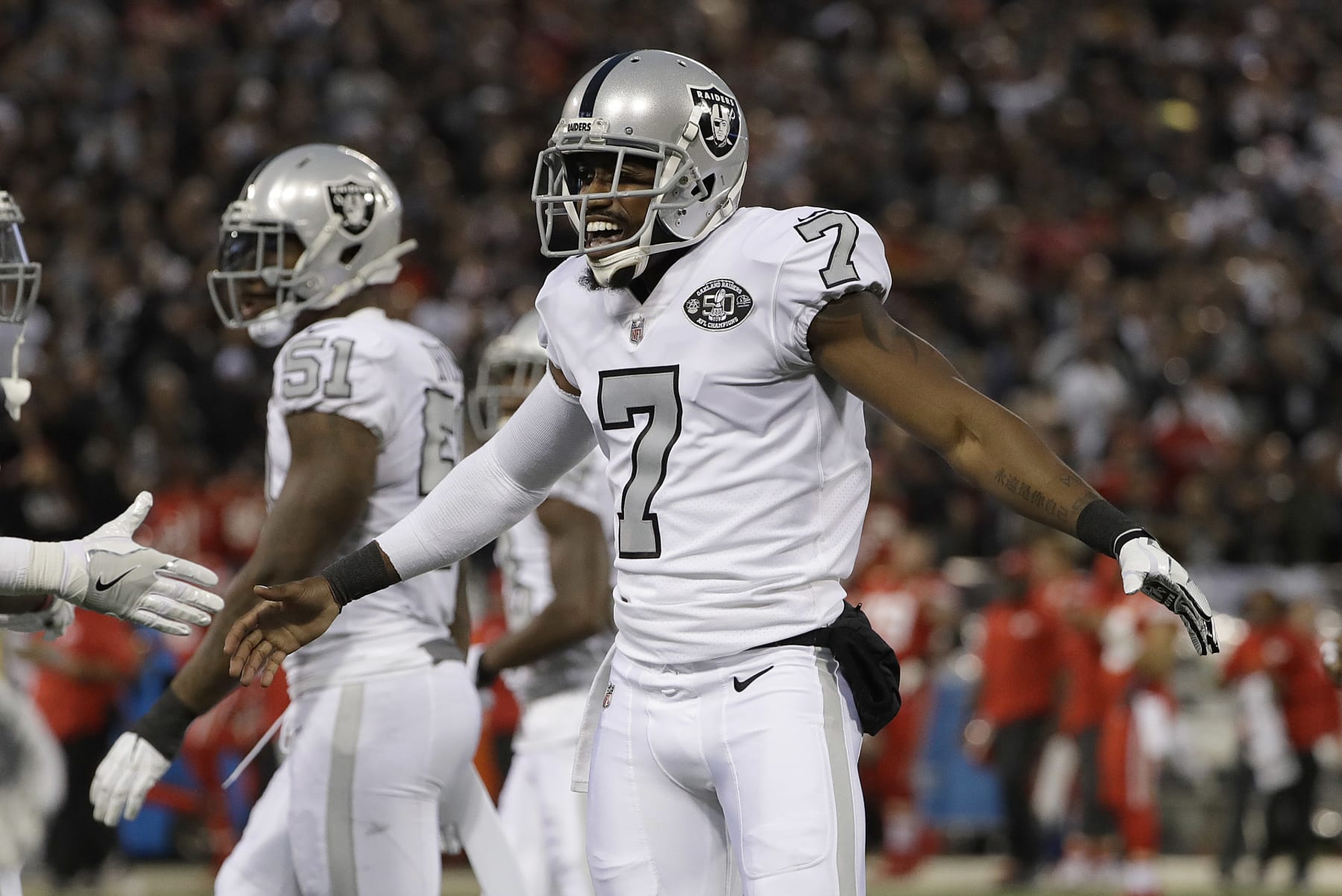 Oakland Raiders punter Marquette King (7) reacts after a punt against the Kansas City Chiefs during the first half of an NFL football game in Oakland, Calif., Thursday, Oct. 19, 2017. (AP Photo/Marcio Jose Sanchez)
