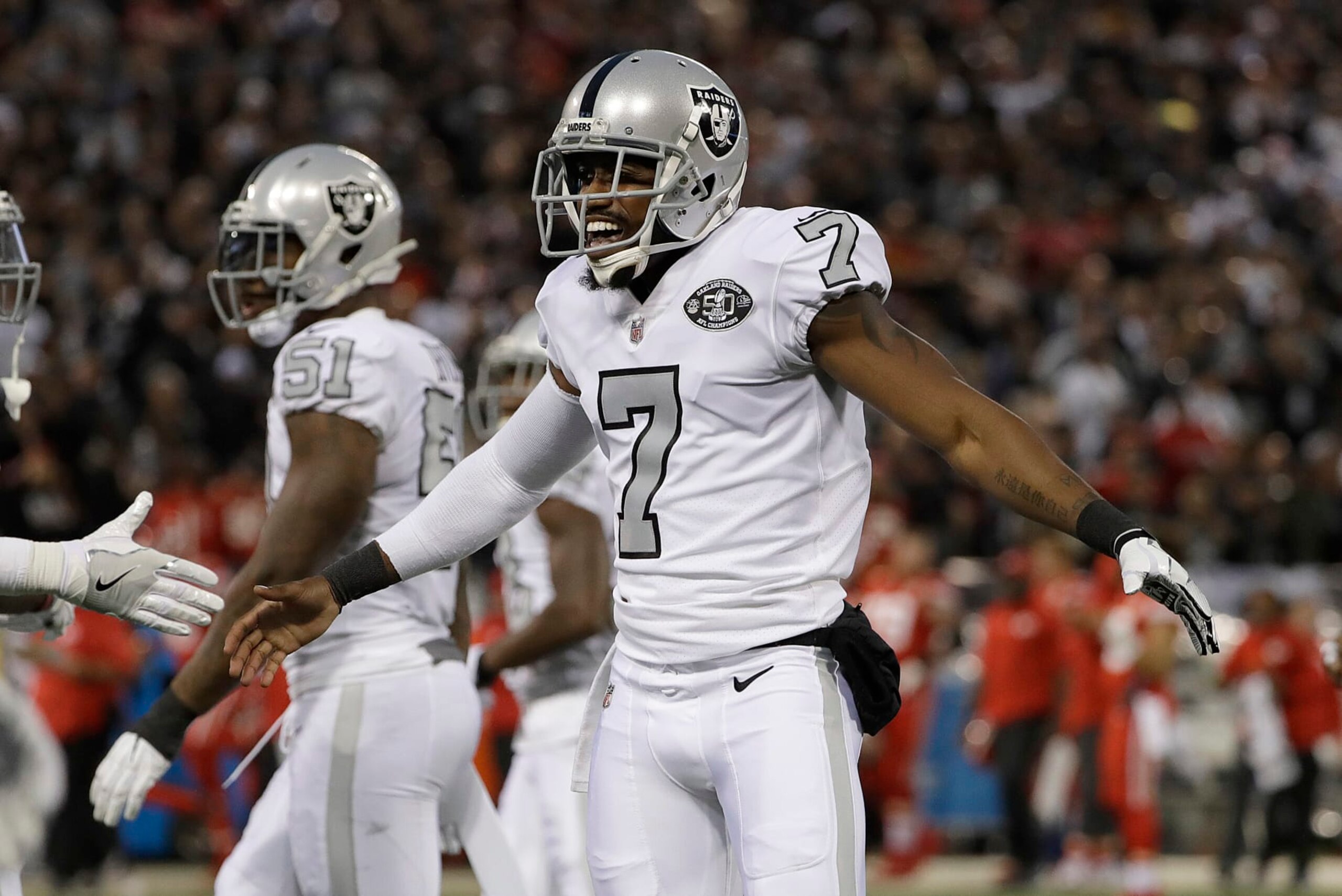 Oakland Raiders punter Marquette King (7) reacts after a punt against the Kansas City Chiefs during the first half of an NFL football game in Oakland, Calif., Thursday, Oct. 19, 2017. (AP Photo/Marcio Jose Sanchez)