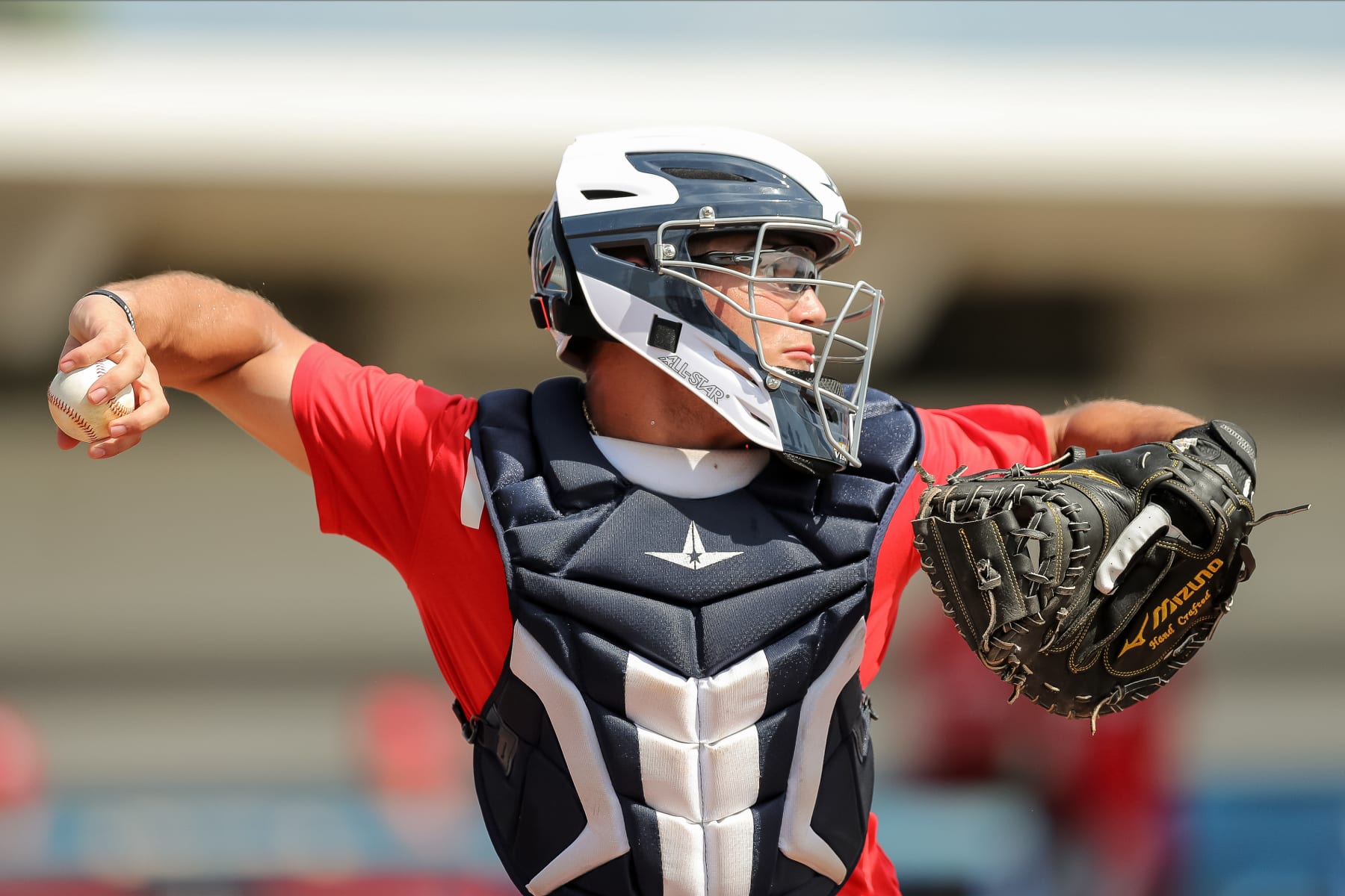 BRADENTON, FL - JUNE 20: Kevin Parada throws down to second base during the PDP League game at the IMG Academy on Thursday, June 20, 2019 in Bradenton, Florida. (Photo by Mike Carlson/MLB Photos via Getty Images) BRADENTON, FL - JUNE 20: Kevin Parada throws down to second base during the PDP League game at the IMG Academy on Thursday, June 20, 2019 in Bradenton, Florida. (Photo by Mike Carlson/MLB Photos via Getty Images)
