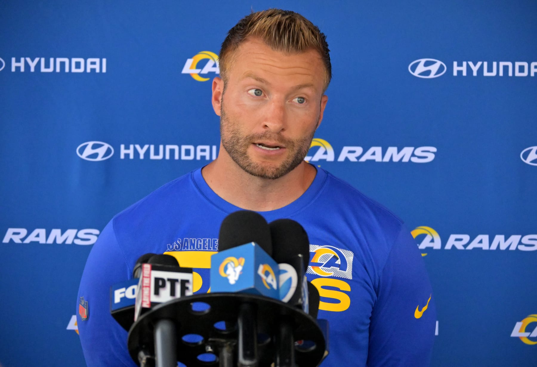 THOUSAND OAKS, CA - JUNE 8: Head coach Sean McVay of the Los Angeles Rams answers questions from the media following mini camp on June 8, 2022 at the team's facility at California Lutheran University in Thousand Oaks, California. (Photo by Jayne Kamin-Oncea/Getty Images)