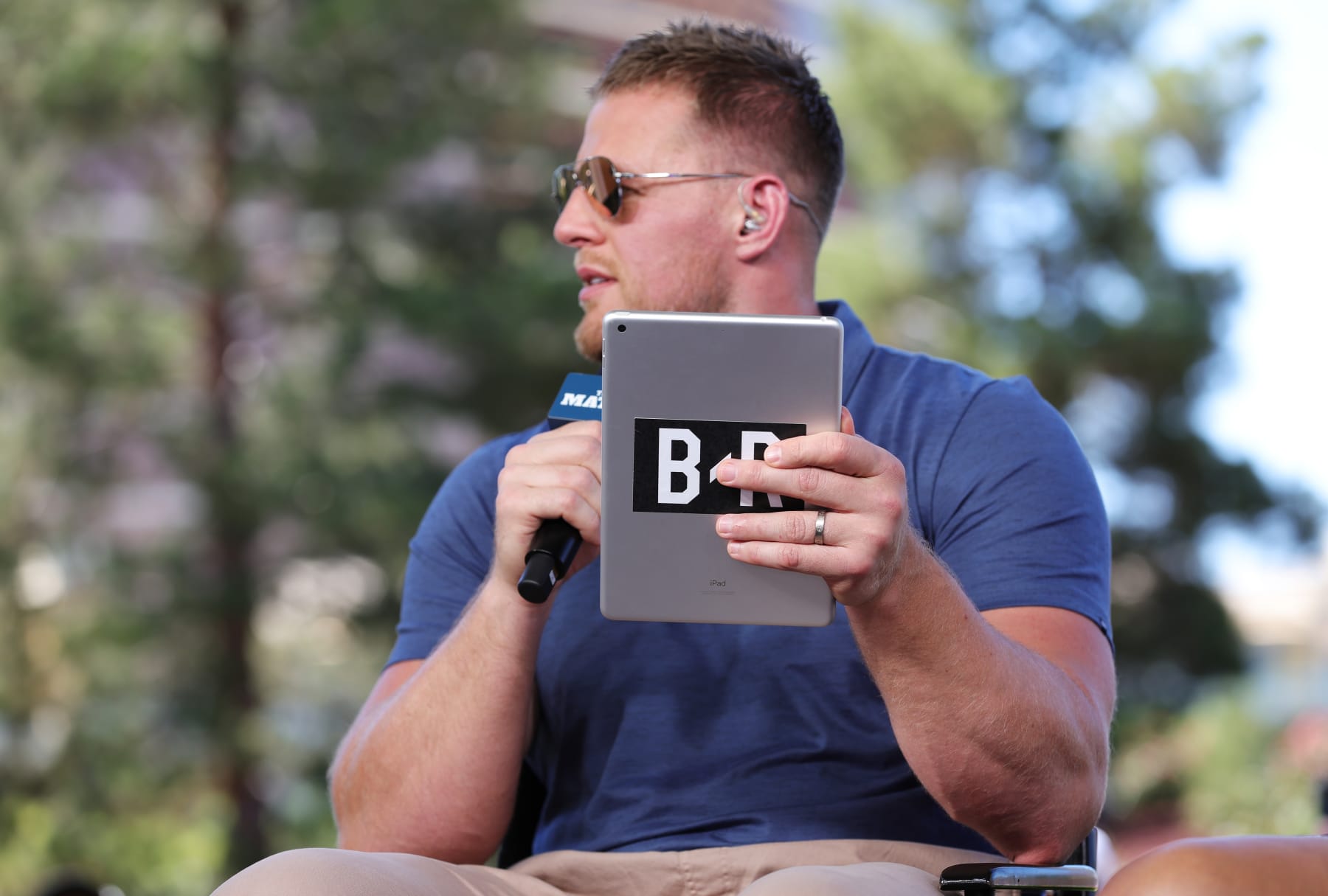 LAS VEGAS, NEVADA - JUNE 01: JJ Watt takes part in the Bleacher Report Hot Seat Press Conference prior to Capital One's The Match VI - Brady & Rodgers v Allen & Mahomes at Wynn Golf Club on June 01, 2022 in Las Vegas, Nevada. (Photo by Carmen Mandato/Getty Images for The Match)