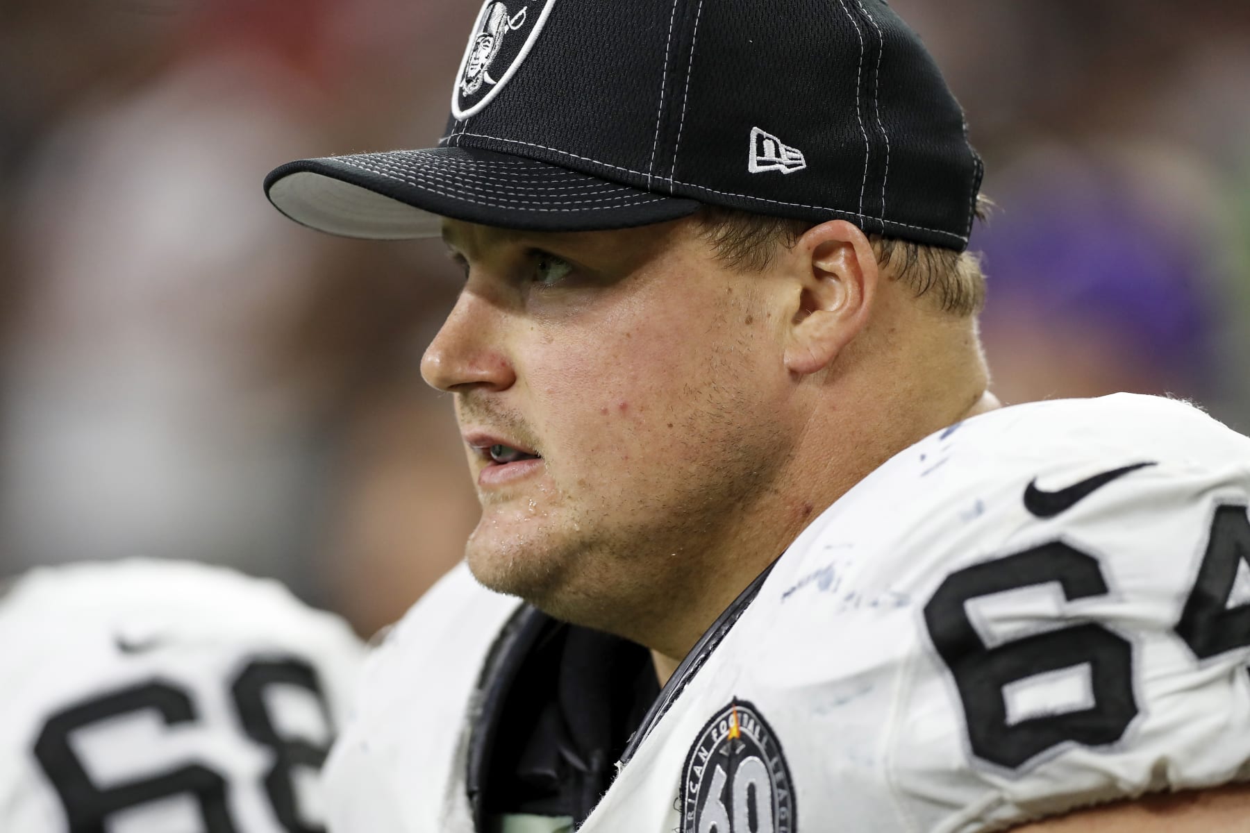 HOUSTON, TX - OCTOBER 27: Richie Incognito #64 of the Oakland Raiders rests on the bench in the second half against the Houston Texans at NRG Stadium on October 27, 2019 in Houston, Texas. (Photo by Tim Warner/Getty Images) HOUSTON, TX - OCTOBER 27: Richie Incognito #64 of the Oakland Raiders rests on the bench in the second half against the Houston Texans at NRG Stadium on October 27, 2019 in Houston, Texas. (Photo by Tim Warner/Getty Images)