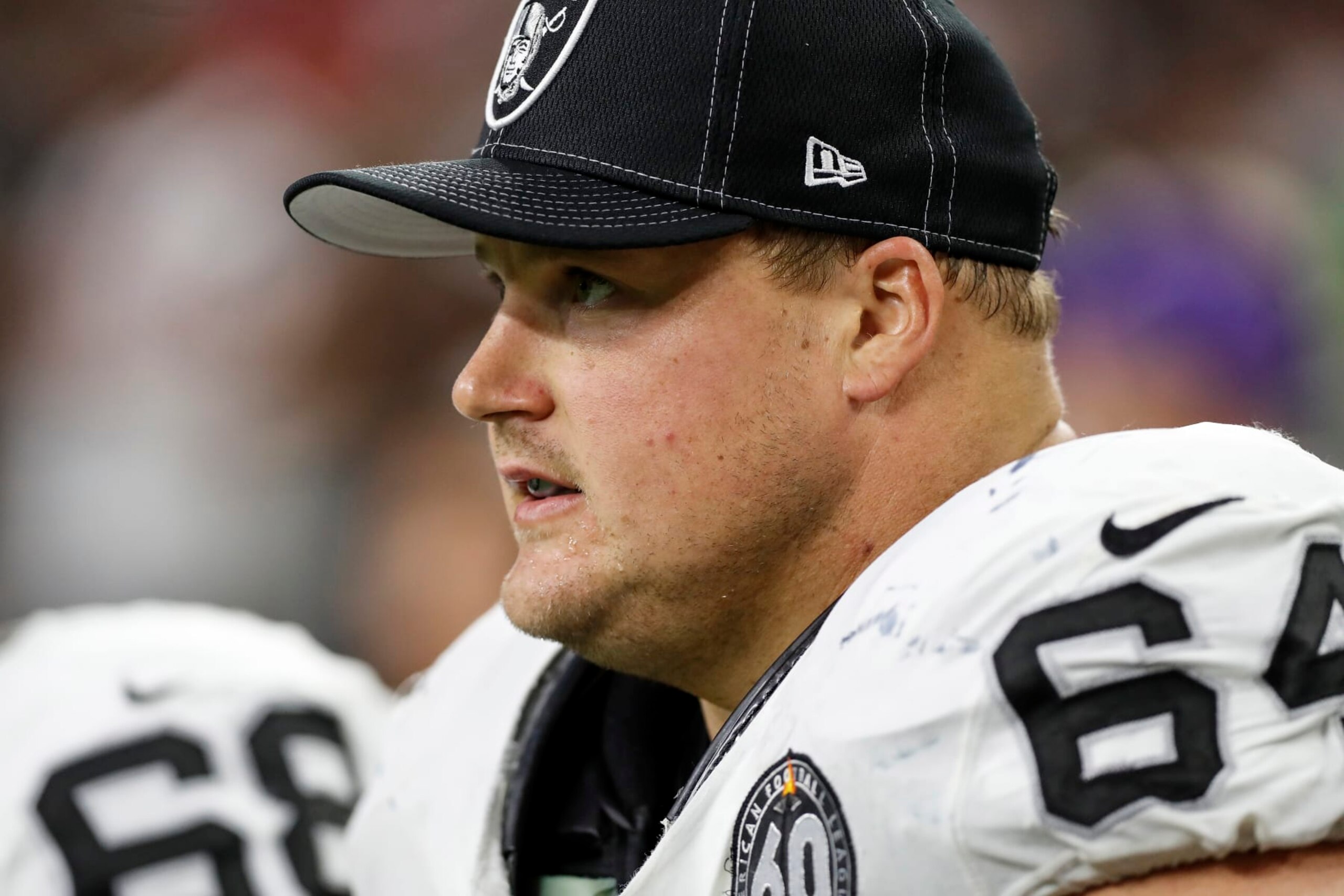 HOUSTON, TX - OCTOBER 27:  Richie Incognito #64 of the Oakland Raiders rests on the bench in the second half against the Houston Texans at NRG Stadium on October 27, 2019 in Houston, Texas.  (Photo by Tim Warner/Getty Images)