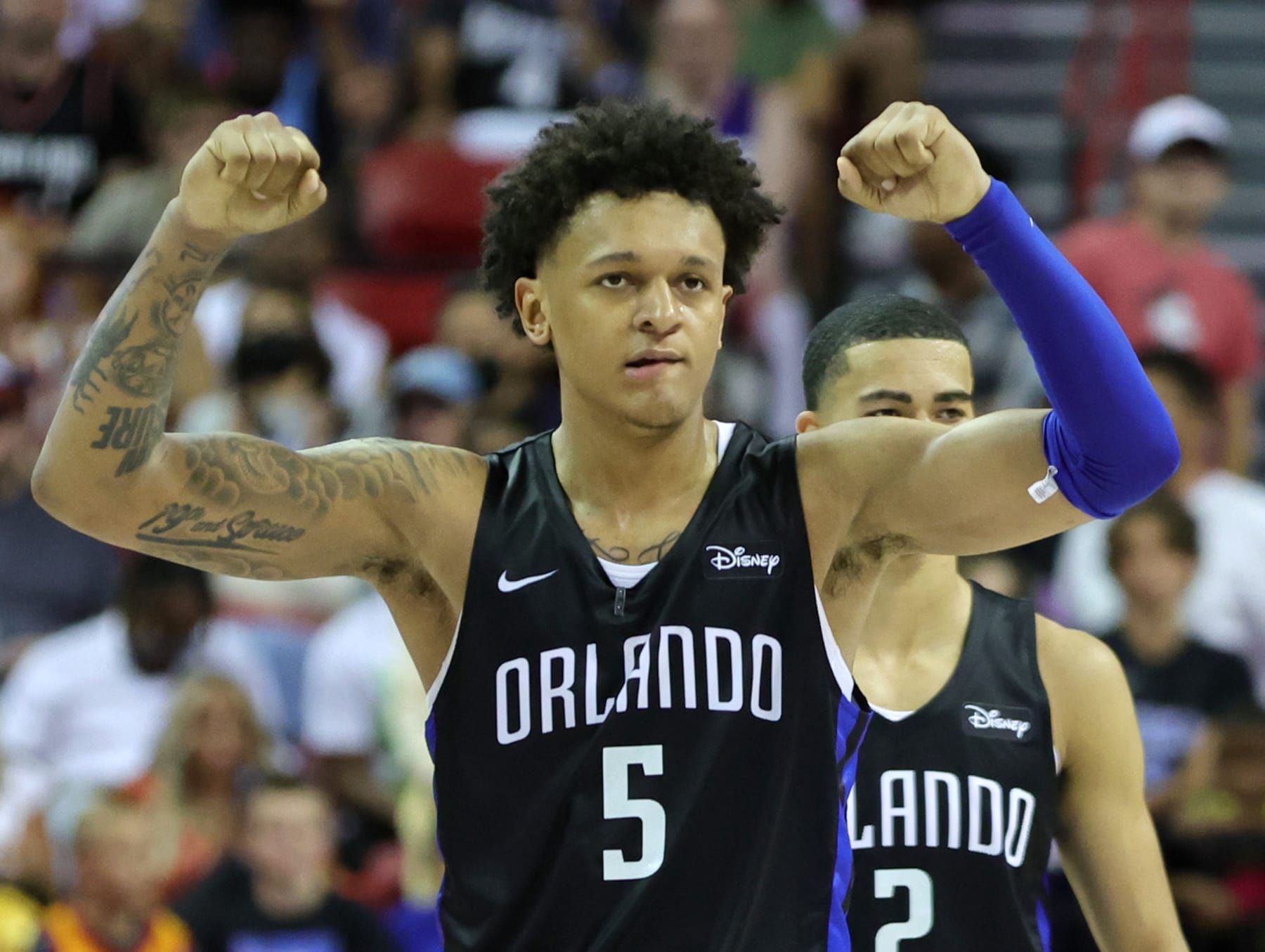 LAS VEGAS, NEVADA - JULY 09: Paolo Banchero #5 of the Orlando Magic reacts during a game against the Sacramento Kings during the 2022 NBA Summer League at the Thomas & Mack Center on July 09, 2022 in Las Vegas, Nevada. NOTE TO USER: User expressly acknowledges and agrees that, by downloading and or using this photograph, User is consenting to the terms and conditions of the Getty Images License Agreement. (Photo by Ethan Miller/Getty Images) LAS VEGAS, NEVADA - JULY 09: Paolo Banchero #5 of the Orlando Magic reacts during a game against the Sacramento Kings during the 2022 NBA Summer League at the Thomas & Mack Center on July 09, 2022 in Las Vegas, Nevada. NOTE TO USER: User expressly acknowledges and agrees that, by downloading and or using this photograph, User is consenting to the terms and conditions of the Getty Images License Agreement. (Photo by Ethan Miller/Getty Images)