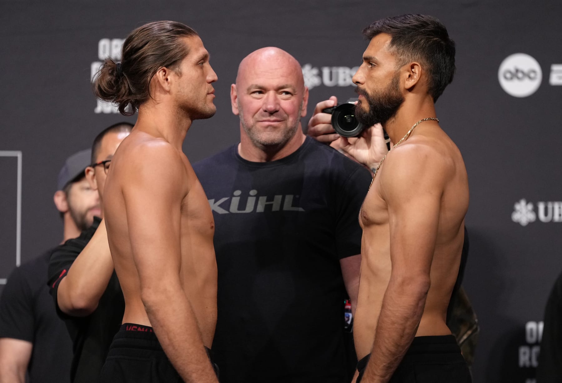 ELMONT, NEW YORK - JULY 15: (L-R) Opponents Brian Ortega and Yair Rodriguez of Mexico face off during the UFC Fight Night ceremonial weigh-in at UBS Arena on July 15, 2022 in Elmont, New York. (Photo by Jeff Bottari/Zuffa LLC)