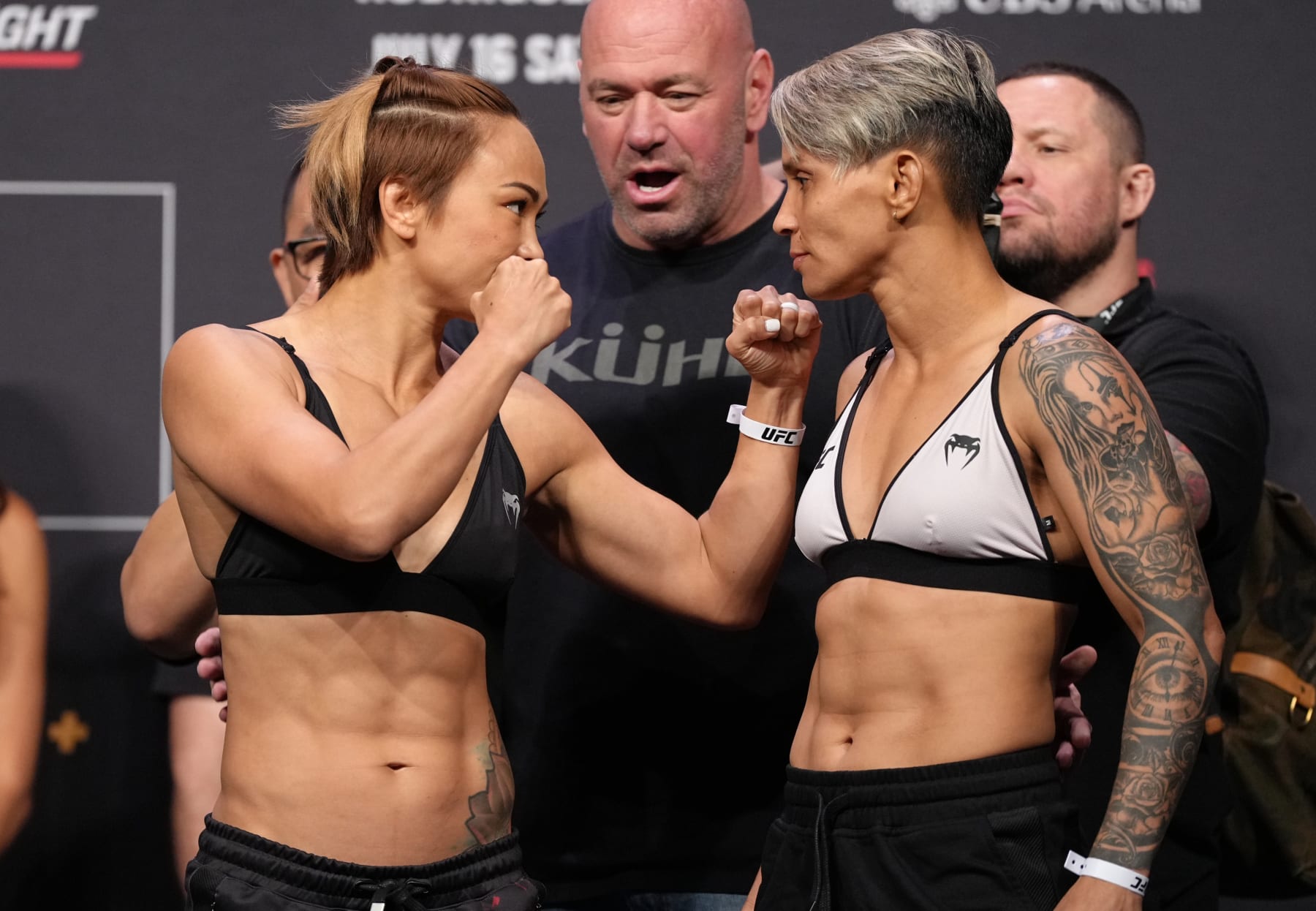 ELMONT, NEW YORK - JULY 15: (L-R) Opponents Michelle Waterson and Amanda Lemos of Brazil face off during the UFC Fight Night ceremonial weigh-in at UBS Arena on July 15, 2022 in Elmont, New York. (Photo by Jeff Bottari/Zuffa LLC)