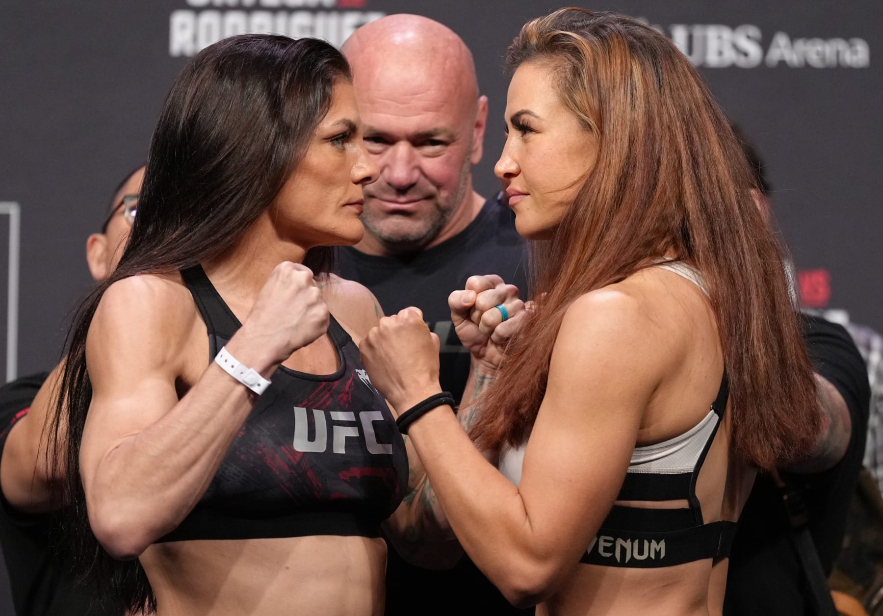 ELMONT, NEW YORK - JULY 15: (L-R) Opponents Lauren Murphy and Miesha Tate face off during the UFC Fight Night ceremonial weigh-in at UBS Arena on July 15, 2022 in Elmont, New York. (Photo by Jeff Bottari/Zuffa LLC)