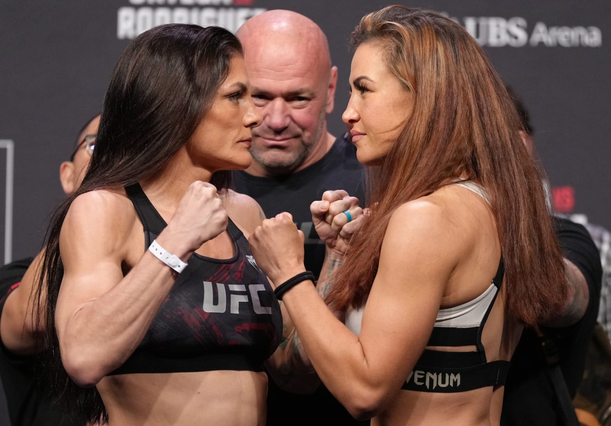 ELMONT, NEW YORK - JULY 15: (L-R) Opponents Lauren Murphy and Miesha Tate face off during the UFC Fight Night ceremonial weigh-in at UBS Arena on July 15, 2022 in Elmont, New York. (Photo by Jeff Bottari/Zuffa LLC) ELMONT, NEW YORK - JULY 15: (L-R) Opponents Lauren Murphy and Miesha Tate face off during the UFC Fight Night ceremonial weigh-in at UBS Arena on July 15, 2022 in Elmont, New York. (Photo by Jeff Bottari/Zuffa LLC)
