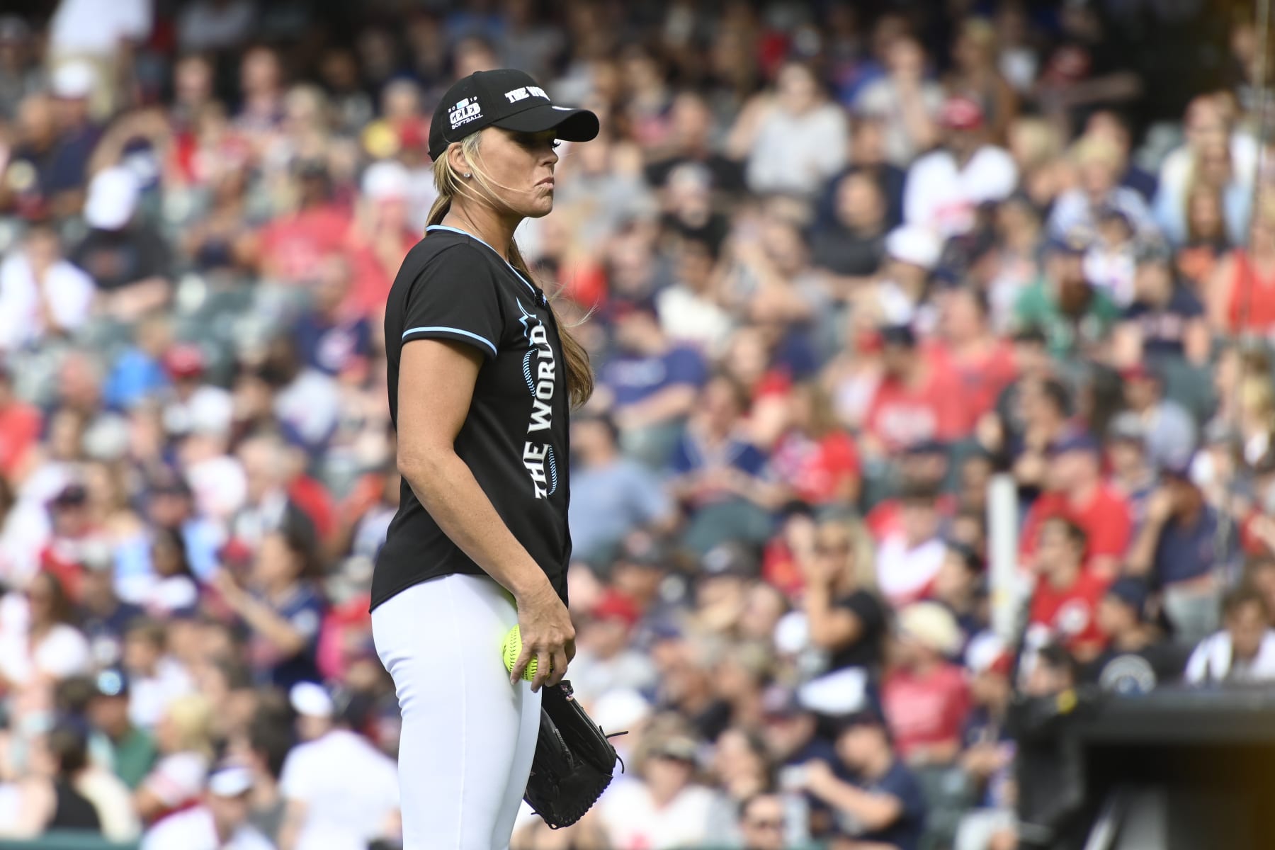 CLEVELAND, OHIO - JULY 07: Jennie Finch during the 2019 MLB All-Star "Cleveland vs The World" Celebrity Softball Game at Progressive Field on July 07, 2019 in Cleveland, Ohio. (Photo by Duane Prokop/Getty Images)