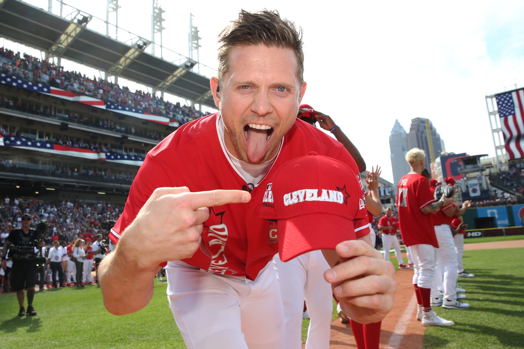 CLEVELAND, OH - JULY 07:  Mike "The Miz" Mizanin reacts prior to the Legends & Celebrity Softball Game at Progressive Field on Sunday, July 7, 2019 in Cleveland, Ohio. (Photo by Rob Tringali/MLB Photos via Getty Images)