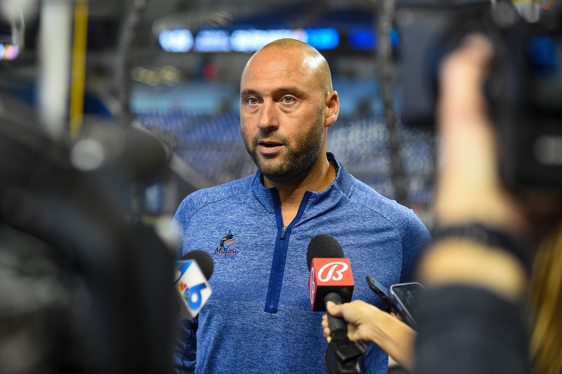 MIAMI, FLORIDA - OCTOBER 02: Miami Marlins CEO Derek Jeter speaks to the media before the start of the game against the Philadelphia Phillies at loanDepot park on October 02, 2021 in Miami, Florida. (Photo by Eric Espada/Getty Images)