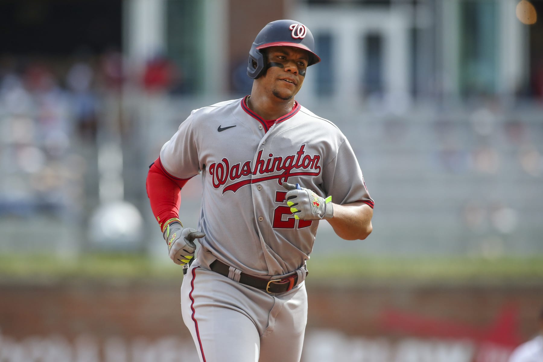 ATLANTA, GA - JULY 09: Juan Soto #22 of the Washington Nationals rounds third on a home run against the Atlanta Braves in the third inning at Truist Park on July 9, 2022 in Atlanta, Georgia. (Photo by Brett Davis/Getty Images)