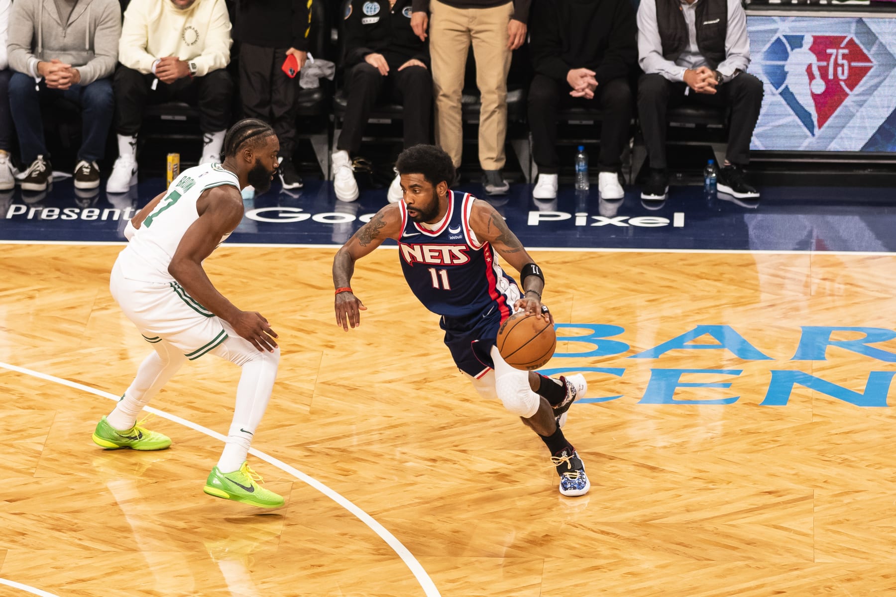 BROOKLYN, NY - APRIL 25: Kyrie Irving #11 of the Brooklyn Nets handles the ball against the Boston Celtics during Round 1 Game 4 of the NBA Playoffs on April 25, 2022 at the Barclays Center in Brooklyn, New York. NOTE TO USER: User expressly acknowledges and agrees that, by downloading and/or using this photograph, user is consenting to the terms and conditions of the Getty Images License Agreement. Mandatory Copyright Notice: Copyright 2022 NBAE (Photo by Evan Yu/NBAE via Getty Images)