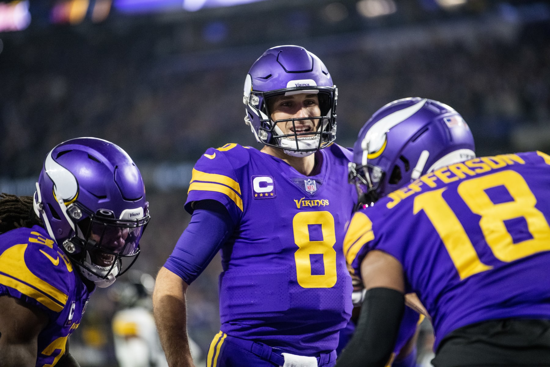 MINNEAPOLIS, MN - DECEMBER 09: Kirk Cousins #8 of the Minnesota Vikings celebrates after throwing a touchdown pass to Justin Jefferson #18 in the first quarter of the game against the Pittsburgh Steelers at U.S. Bank Stadium on December 9, 2021 in Minneapolis, Minnesota. (Photo by Stephen Maturen/Getty Images)