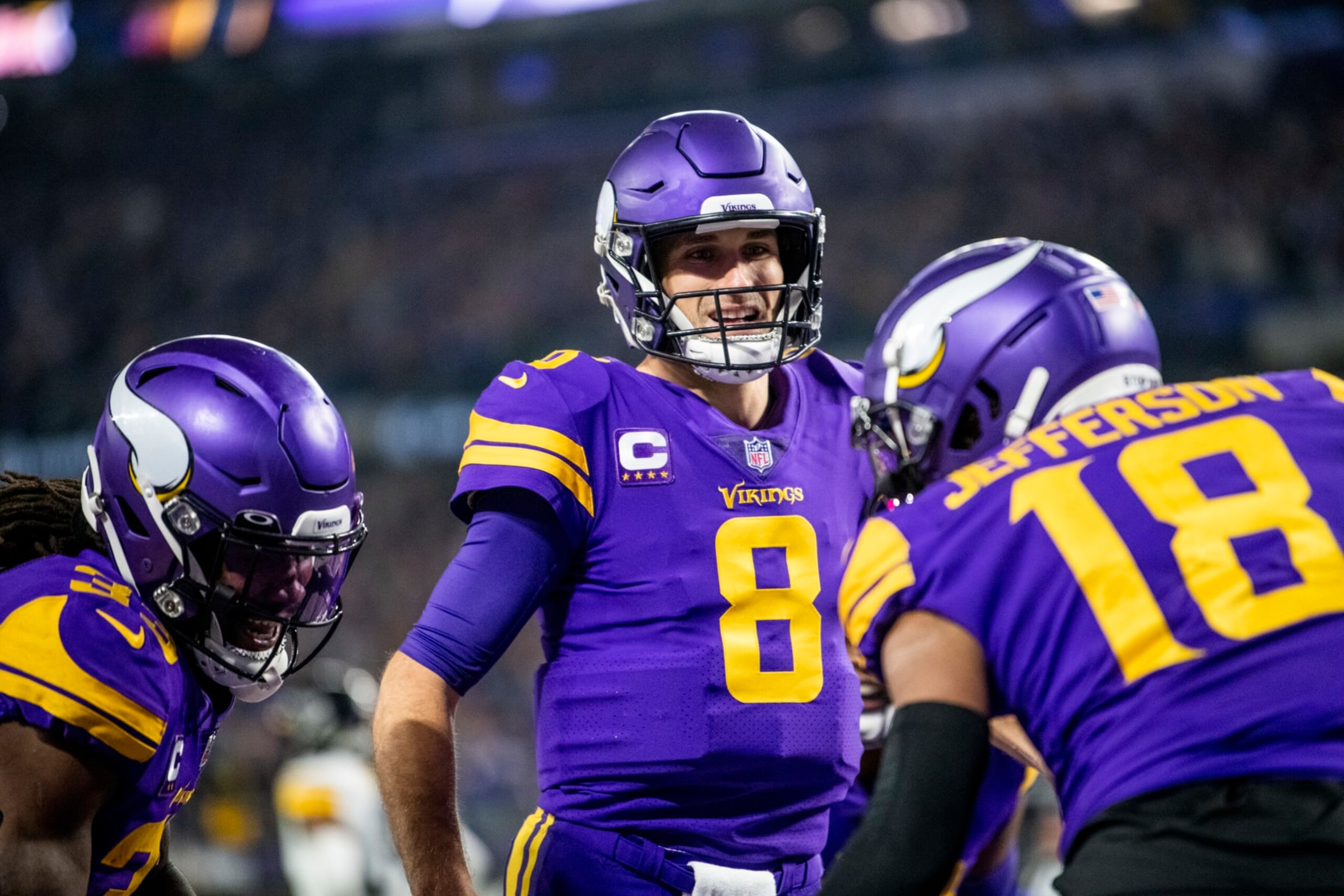 MINNEAPOLIS, MN - DECEMBER 09: Kirk Cousins #8 of the Minnesota Vikings celebrates after throwing a touchdown pass to Justin Jefferson #18 in the first quarter of the game against the Pittsburgh Steelers at U.S. Bank Stadium on December 9, 2021 in Minneapolis, Minnesota. (Photo by Stephen Maturen/Getty Images)