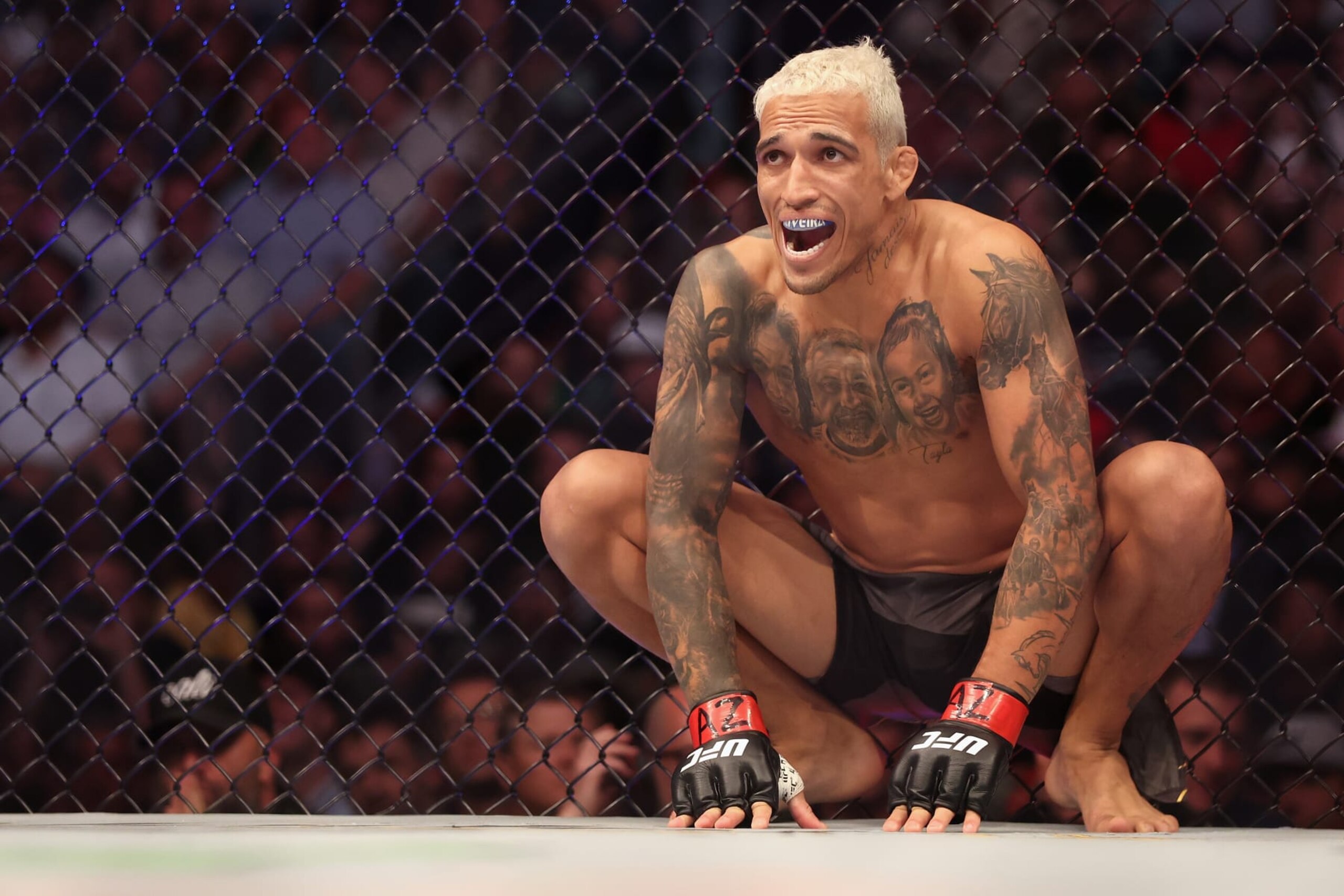 PHOENIX, ARIZONA - MAY 07: Charles Oliveira of Brazil prepares to fight Justin Gaethje in their UFC lightweight championship bout during UFC 274 at Footprint Center on May 07, 2022 in Phoenix, Arizona. (Photo by Christian Petersen/Getty Images)