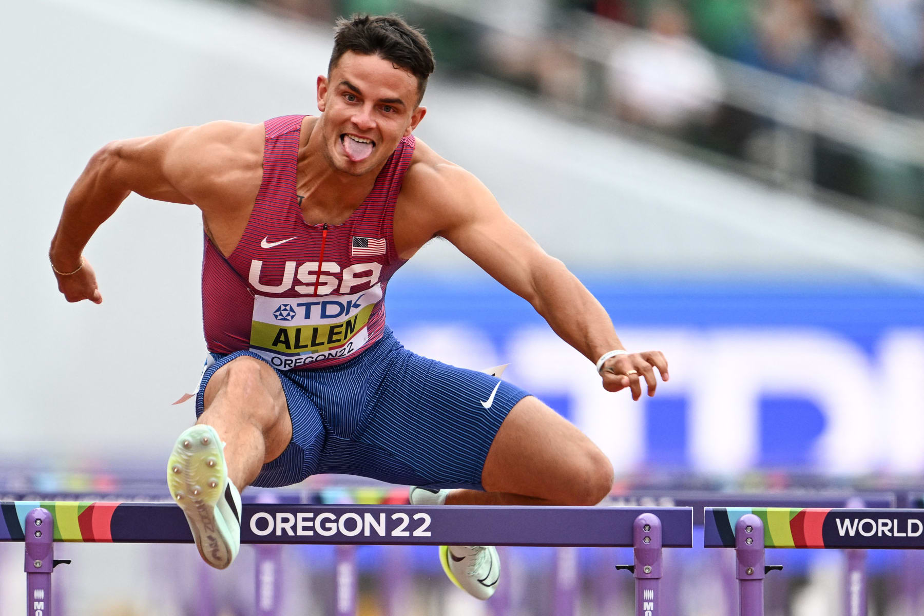 USA's Devon Allen competes in the men's 110m hurdles heats during the World Athletics Championships at Hayward Field in Eugene, Oregon on July 16, 2022. (Photo by Jewel SAMAD / AFP) (Photo by JEWEL SAMAD/AFP via Getty Images)