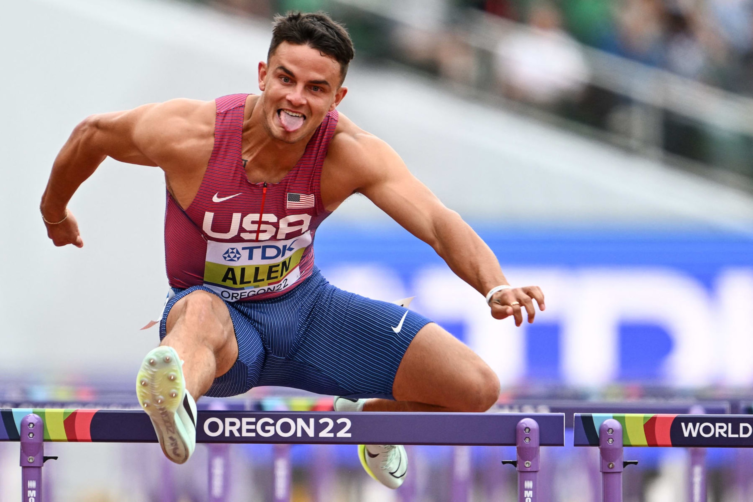 USA's Devon Allen competes in the men's 110m hurdles heats during the World Athletics Championships at Hayward Field in Eugene, Oregon on July 16, 2022. (Photo by Jewel SAMAD / AFP) (Photo by JEWEL SAMAD/AFP via Getty Images)