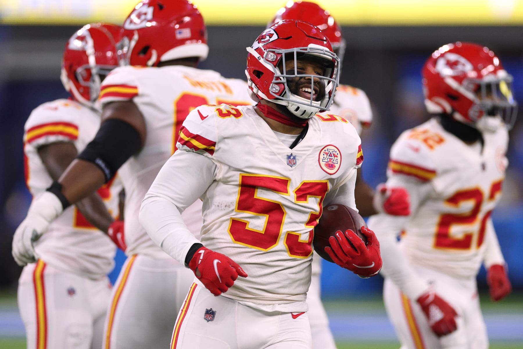 INGLEWOOD, CALIFORNIA - DECEMBER 16: Anthony Hitchens #53 of the Kansas City Chiefs reacts to his fumble recoveryduring a 34-28 win over the Los Angeles Chargers at SoFi Stadium on December 16, 2021 in Inglewood, California. (Photo by Harry How/Getty Images)