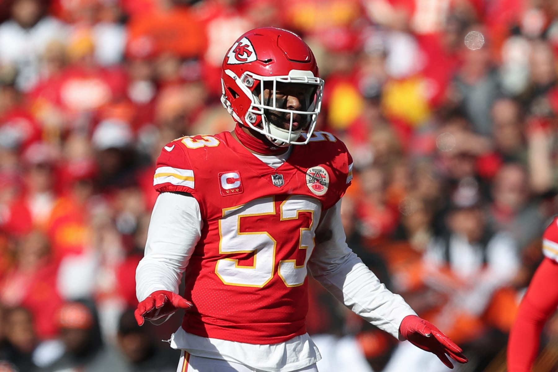 KANSAS CITY, MO - JANUARY 30: Kansas City Chiefs middle linebacker Anthony Hitchens (53) in the first quarter of the AFC Championship game between the Cincinnati Bengals and Kansas City Chiefs on Jan 30, 2022 at GEHA Field at Arrowhead Stadium in Kansas City, MO. (Photo by Scott Winters/Icon Sportswire via Getty Images)