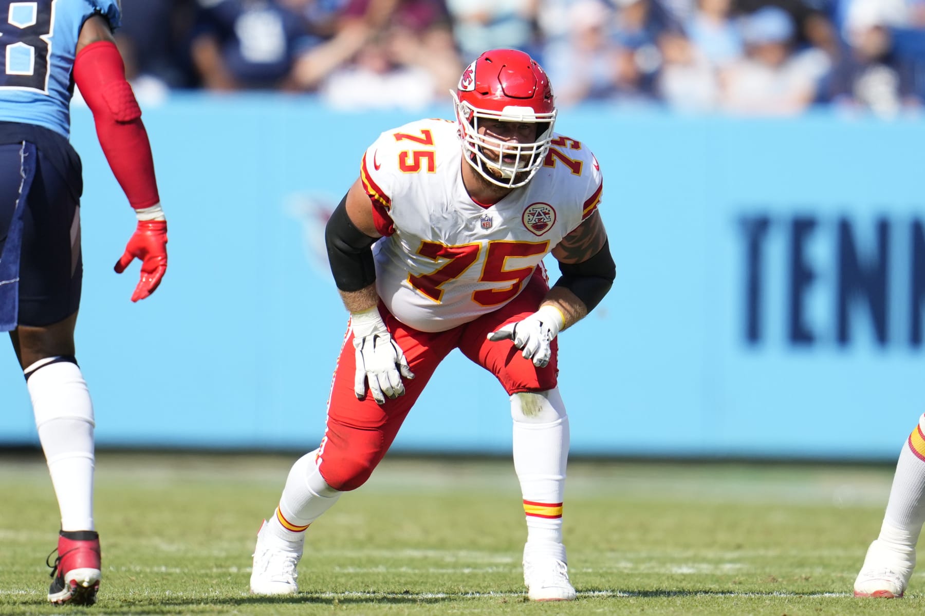 NASHVILLE, TENNESSEE - OCTOBER 24: Mike Remmers #75 of the Kansas City Chiefs gets set during to an NFL game against the Tennessee Titans at Nissan Stadium on October 24, 2021 in Nashville, Tennessee. (Photo by Cooper Neill/Getty Images)