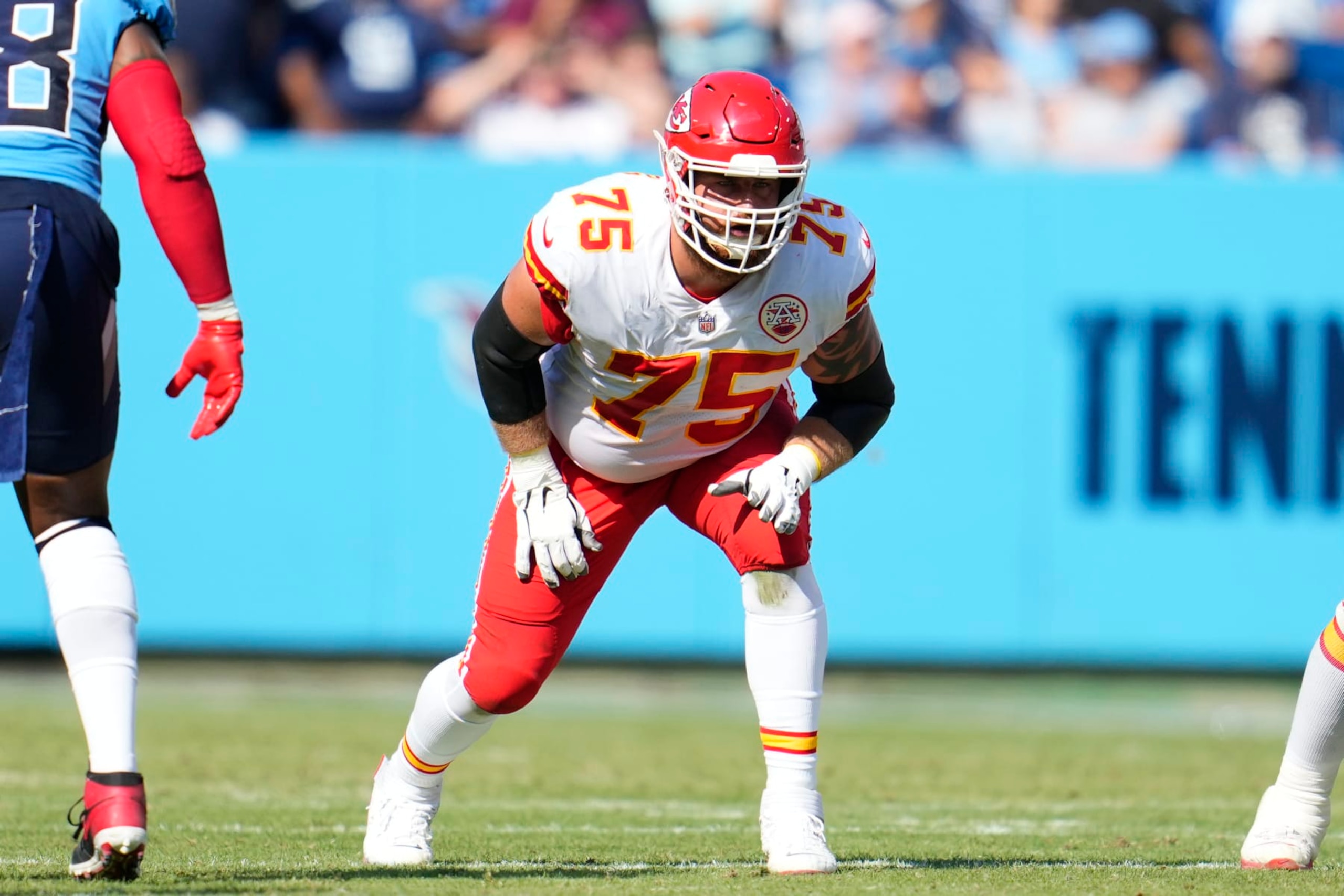 NASHVILLE, TENNESSEE - OCTOBER 24: Mike Remmers #75 of the Kansas City Chiefs gets set during to an NFL game against the Tennessee Titans at Nissan Stadium on October 24, 2021 in Nashville, Tennessee. (Photo by Cooper Neill/Getty Images)