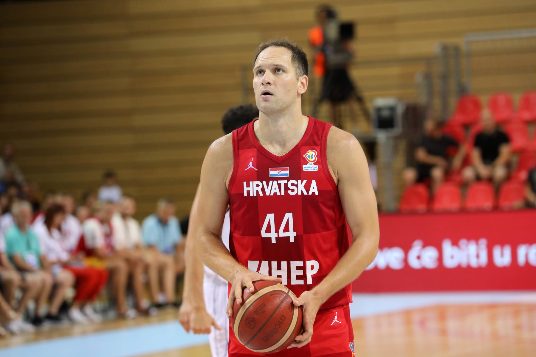 RIJEKA, CROATIA - JULY 03: Bojan Bogdanovic of Croatia shoots a free throw during the FIBA Basketball World Cup 2023 Qualifying game between Croatia and Finland at Sports hall Zamet on July 3, 2022 in Rijeka, Croatia. (Photo by Goran Kovacic/Pixsell/MB Media/Getty Images)
