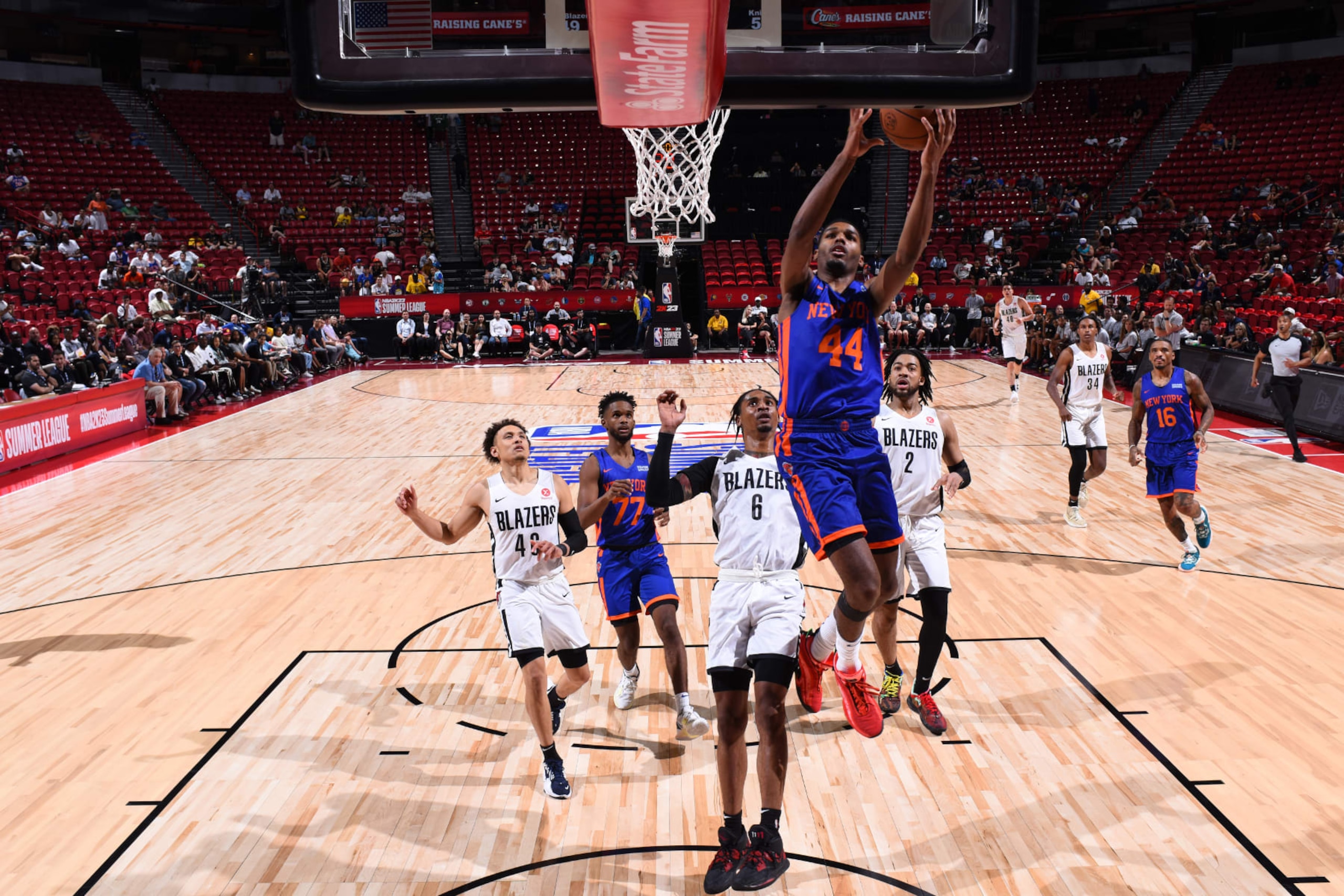 LAS VEGAS, NV - JULY 11: Feron Hunt #44 of New York Knicks drives to the basket during the game against the Portland Trail Blazers  during the 2022 Las Vegas Summer League on July 11, 2022 at the Thomas & Mack Center in Las Vegas, Nevada NOTE TO USER: User expressly acknowledges and agrees that, by downloading and/or using this Photograph, user is consenting to the terms and conditions of the Getty Images License Agreement. Mandatory Copyright Notice: Copyright 2022 NBAE (Photo by Garrett Ellwood/NBAE via Getty Images)
