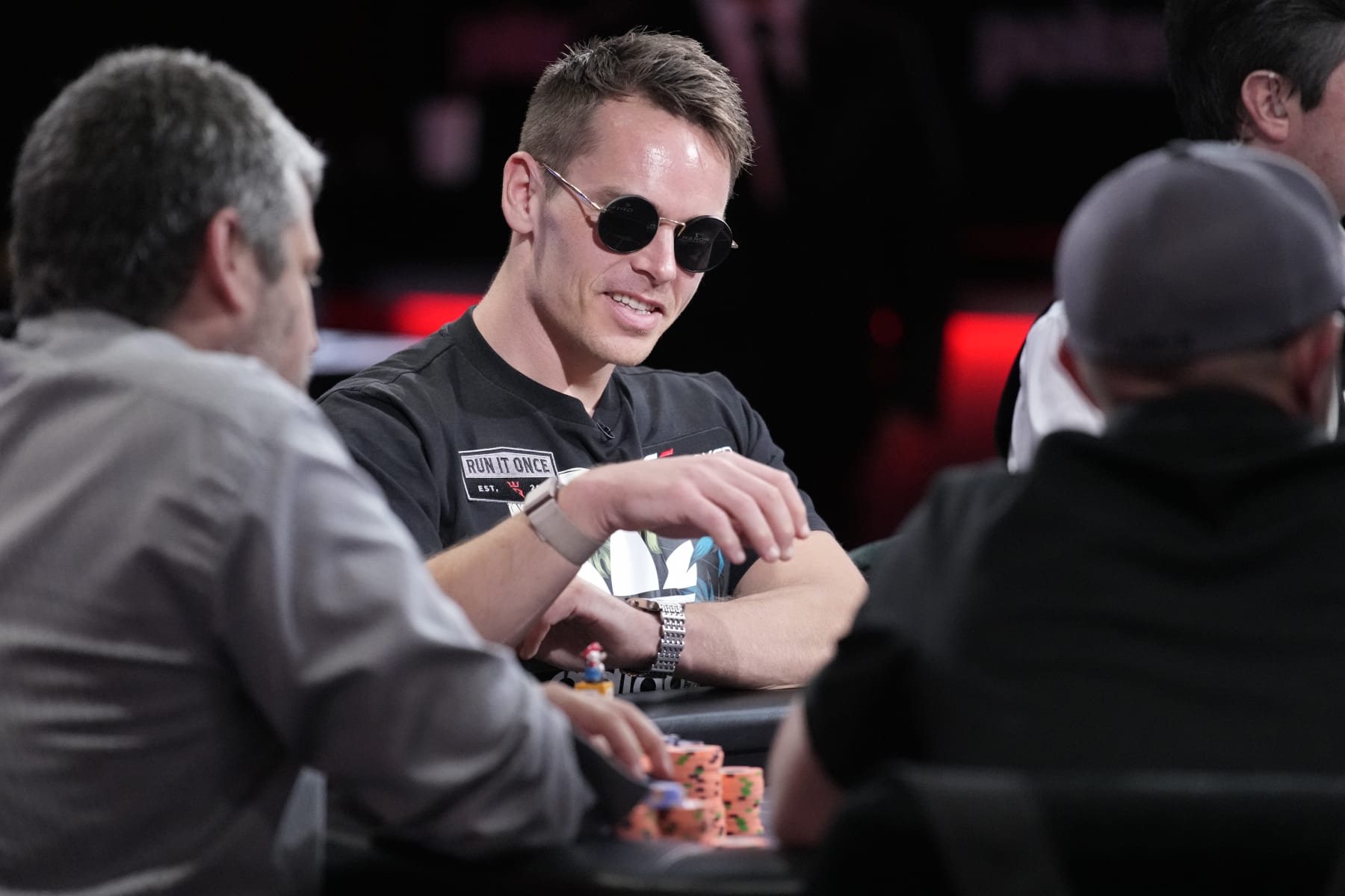 Espen Jorstad competes at the final table during the main event of the the World Series of Poker, Friday, July 15, 2022, in Las Vegas. (AP Photo/John Locher)