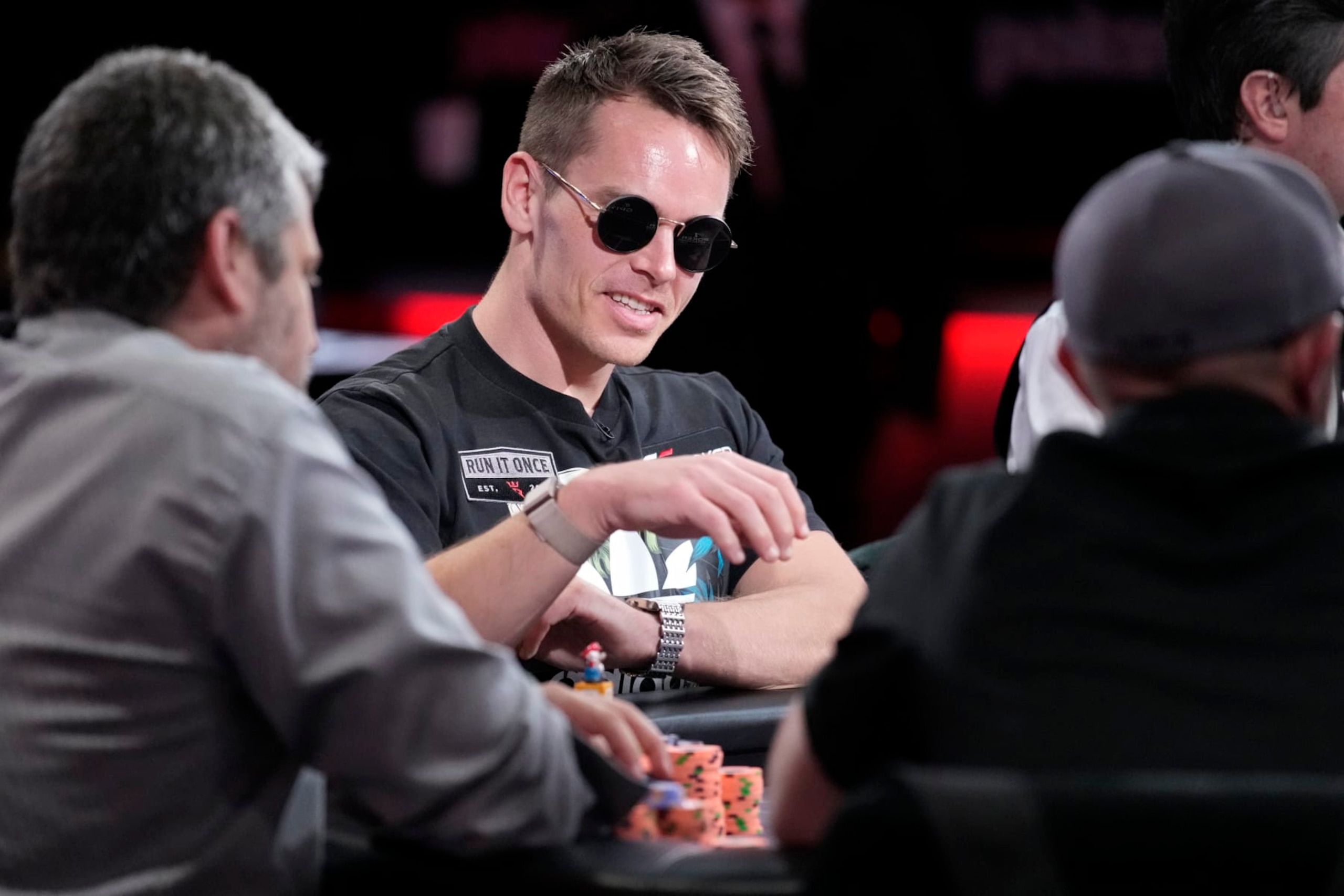 Espen Jorstad competes at the final table during the main event of the the World Series of Poker, Friday, July 15, 2022, in Las Vegas. (AP Photo/John Locher)