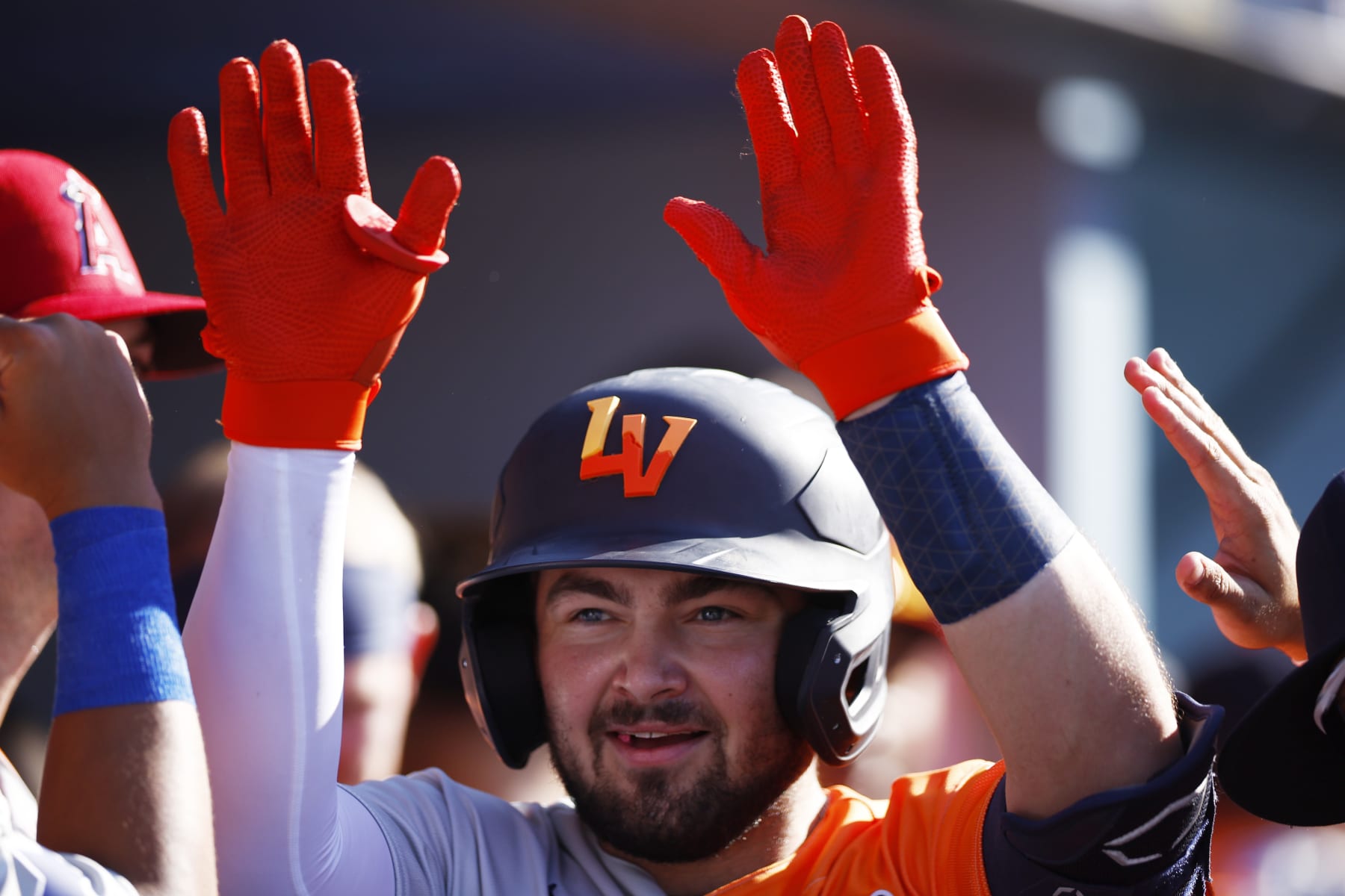 LOS ANGELES, CALIFORNIA - JULY 16: Shea Langeliers #33 of the American League celebrates his solo home run in the fourth inning during the SiriusXM All-Star Futures Game against the National League at Dodger Stadium on July 16, 2022 in Los Angeles, California. (Photo by Kevork Djansezian/Getty Images)