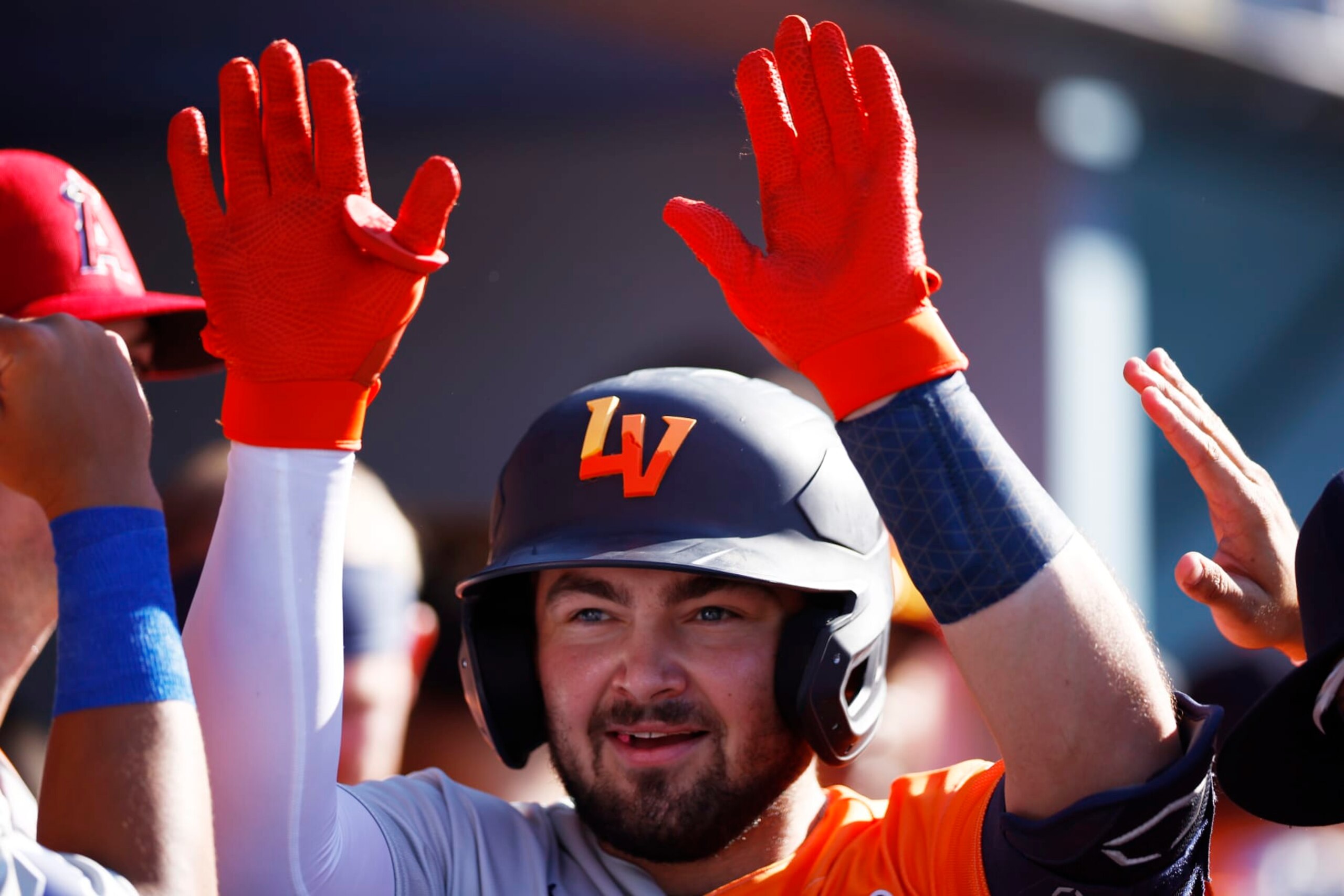 LOS ANGELES, CALIFORNIA - JULY 16: Shea Langeliers #33 of the American League celebrates his solo home run in the fourth inning during the SiriusXM All-Star Futures Game against the National League at Dodger Stadium on July 16, 2022 in Los Angeles, California. (Photo by Kevork Djansezian/Getty Images)