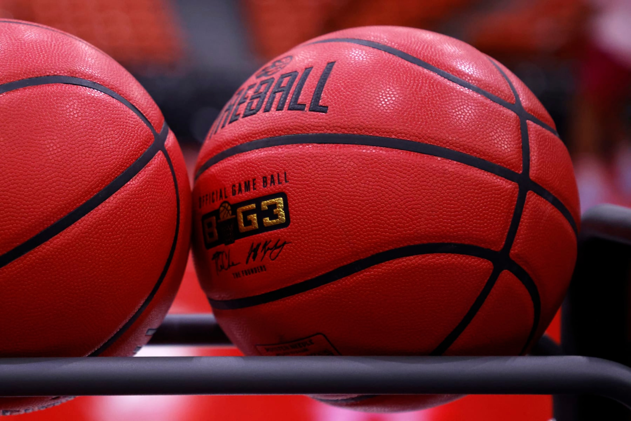 CHICAGO, ILLINOIS - JUNE 19: A detail shot of BIG3 basketballs prior to a game between the Aliens and the Enemies during Week One at Credit Union 1 Arena on June 19, 2022 in Chicago, Illinois. (Photo by Kirk Irwin/Getty Images for BIG3)