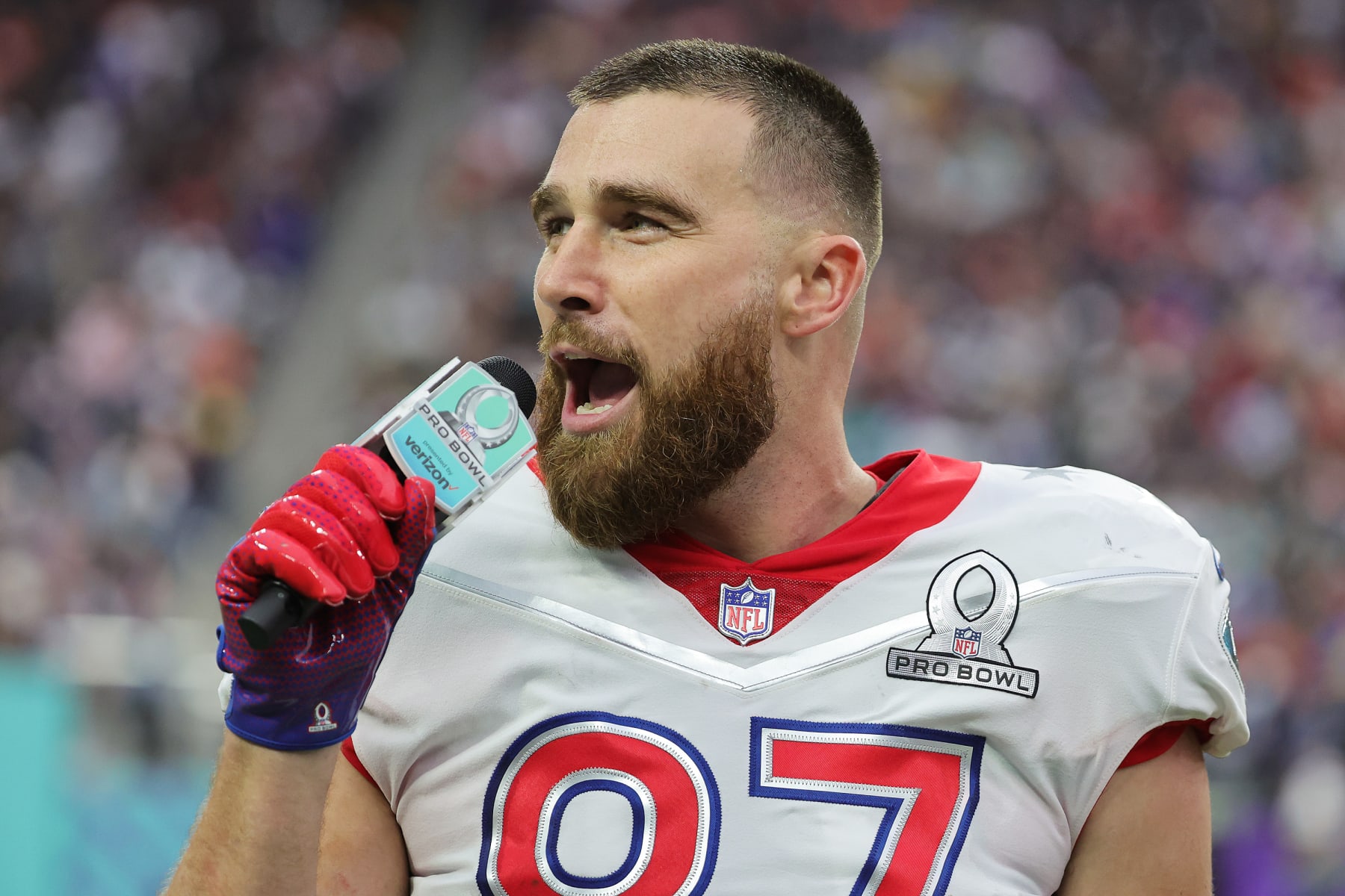 LAS VEGAS, NEVADA - FEBRUARY 06: Travis Kelce #87 of the Kansas City Chiefs is interviewed during the second half of the 2022 NFL Pro Bowl at Allegiant Stadium on February 06, 2022 in Las Vegas, Nevada.  (Photo by Ethan Miller/Getty Images)