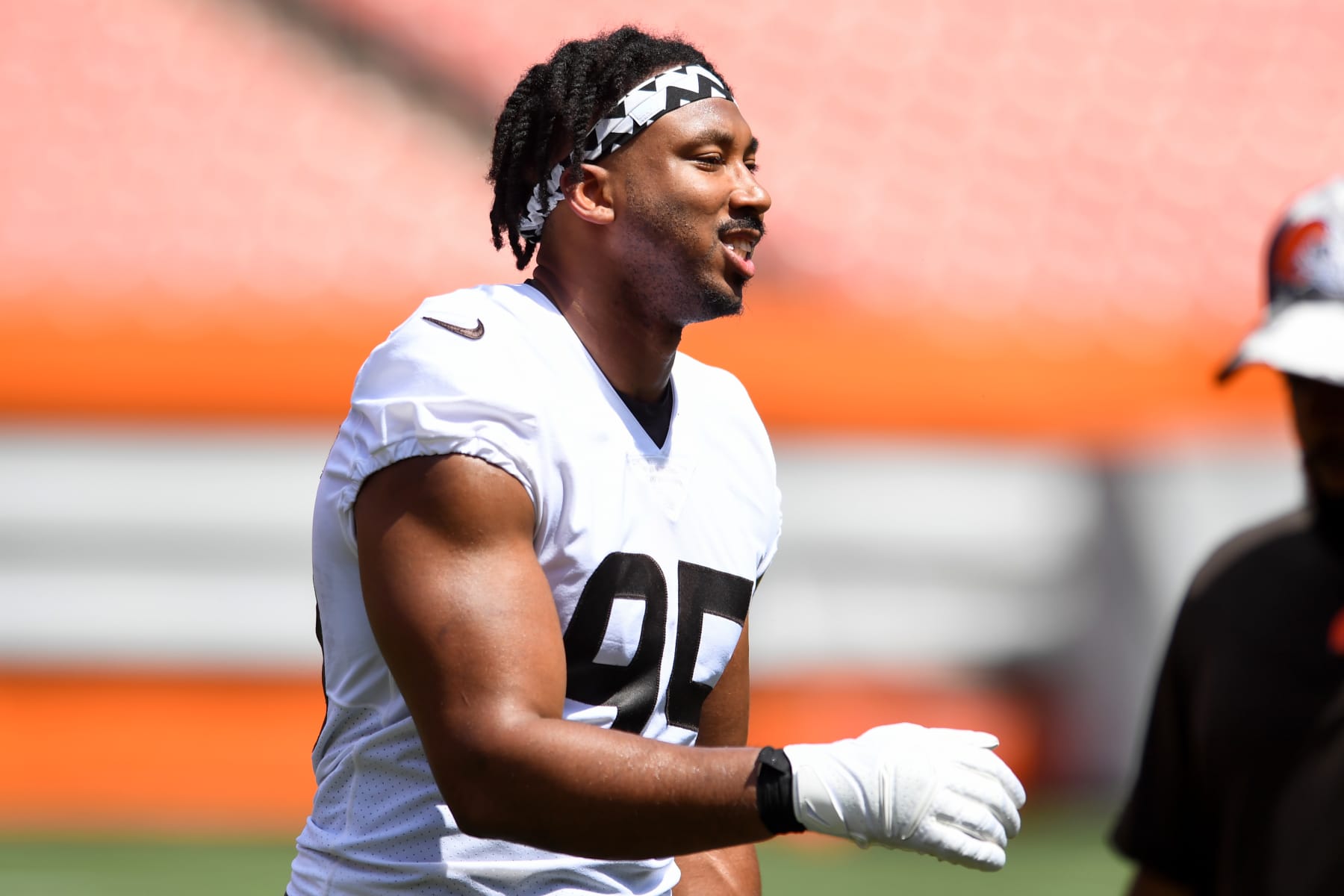 CLEVELAND, OH - JUNE 16: Myles Garrett #95 of the Cleveland Browns looks on during the Cleveland Browns mandatory minicamp at FirstEnergy Stadium on June 16, 2022 in Cleveland, Ohio. (Photo by Nick Cammett/Diamond Images via Getty Images)