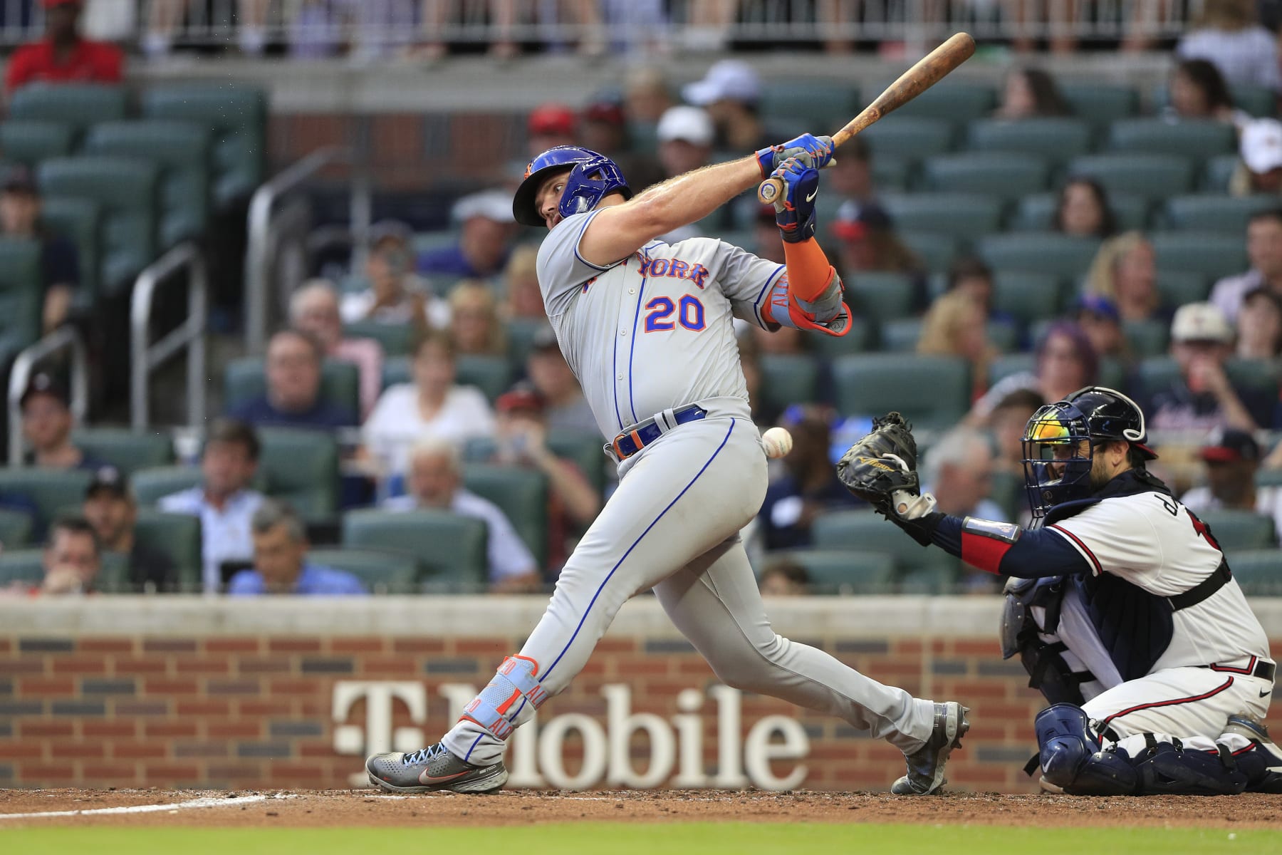 ATLANTA, GA - JULY 12: Pete Alonso (20) of the New York Mets strikes out during the Tuesday evening MLB game between division rivals the Atlanta Braves and the New York Mets on July 12, 2022 at Truist Park in Atlanta, Georgia.    (Photo by David J. Griffin/Icon Sportswire via Getty Images)