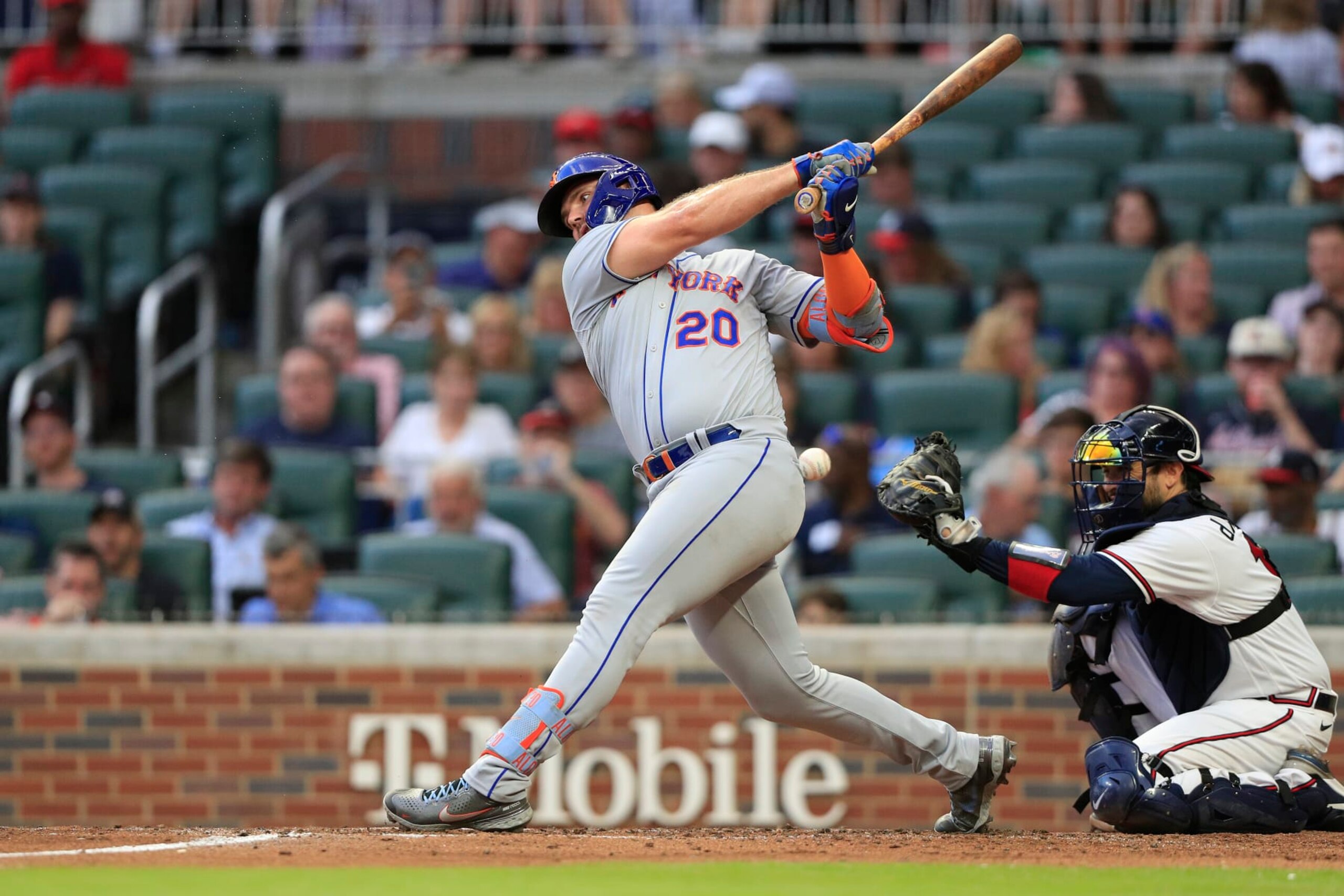 ATLANTA, GA - JULY 12: Pete Alonso (20) of the New York Mets strikes out during the Tuesday evening MLB game between division rivals the Atlanta Braves and the New York Mets on July 12, 2022 at Truist Park in Atlanta, Georgia.    (Photo by David J. Griffin/Icon Sportswire via Getty Images)