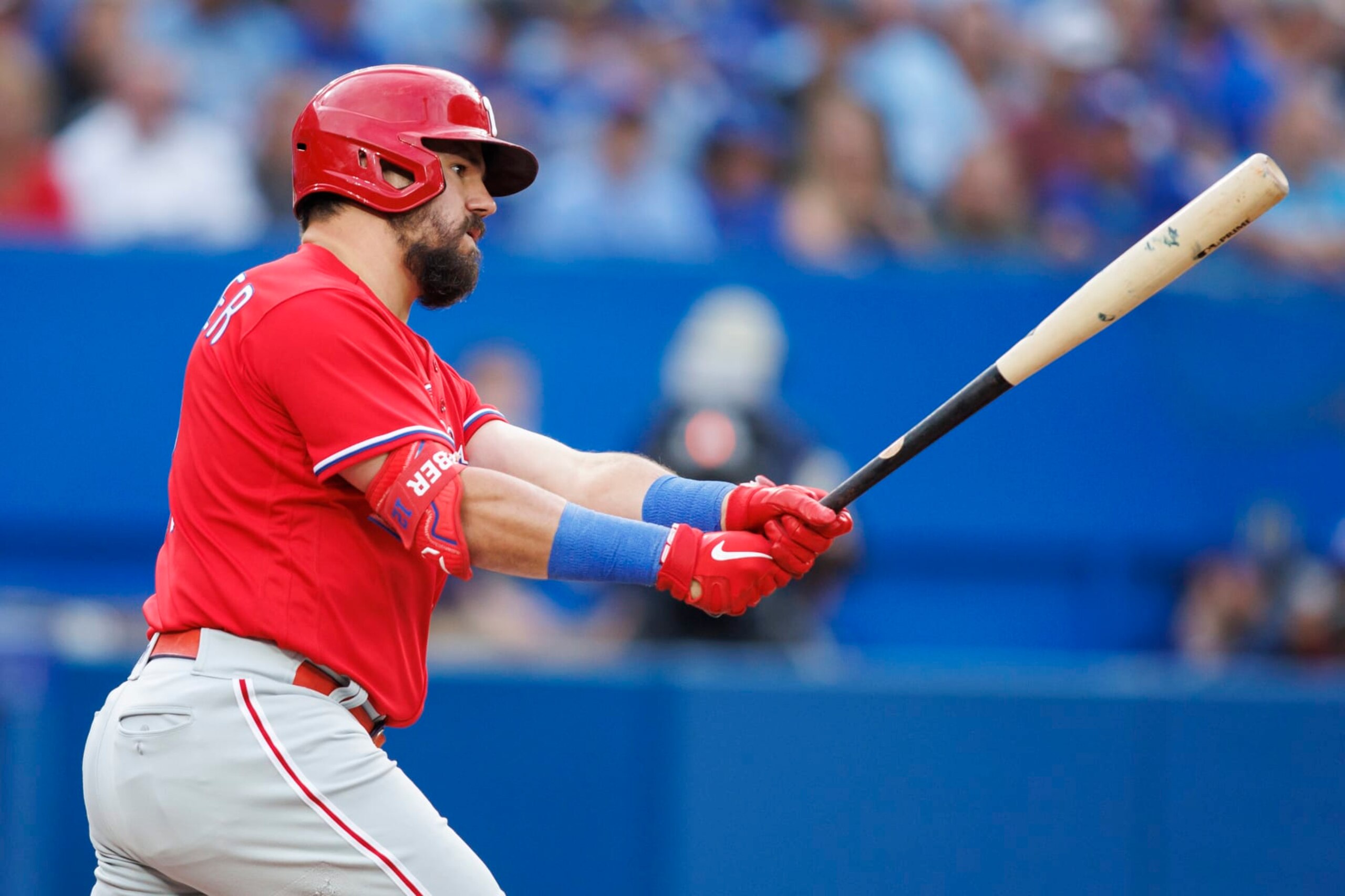 TORONTO, ON - JULY 13: Kyle Schwarber #12 of the Philadelphia Phillies at bat in the fourth inning of their MLB game against the Toronto Blue Jays at Rogers Centre on July 13, 2022 in Toronto, Canada. (Photo by Cole Burston/Getty Images)