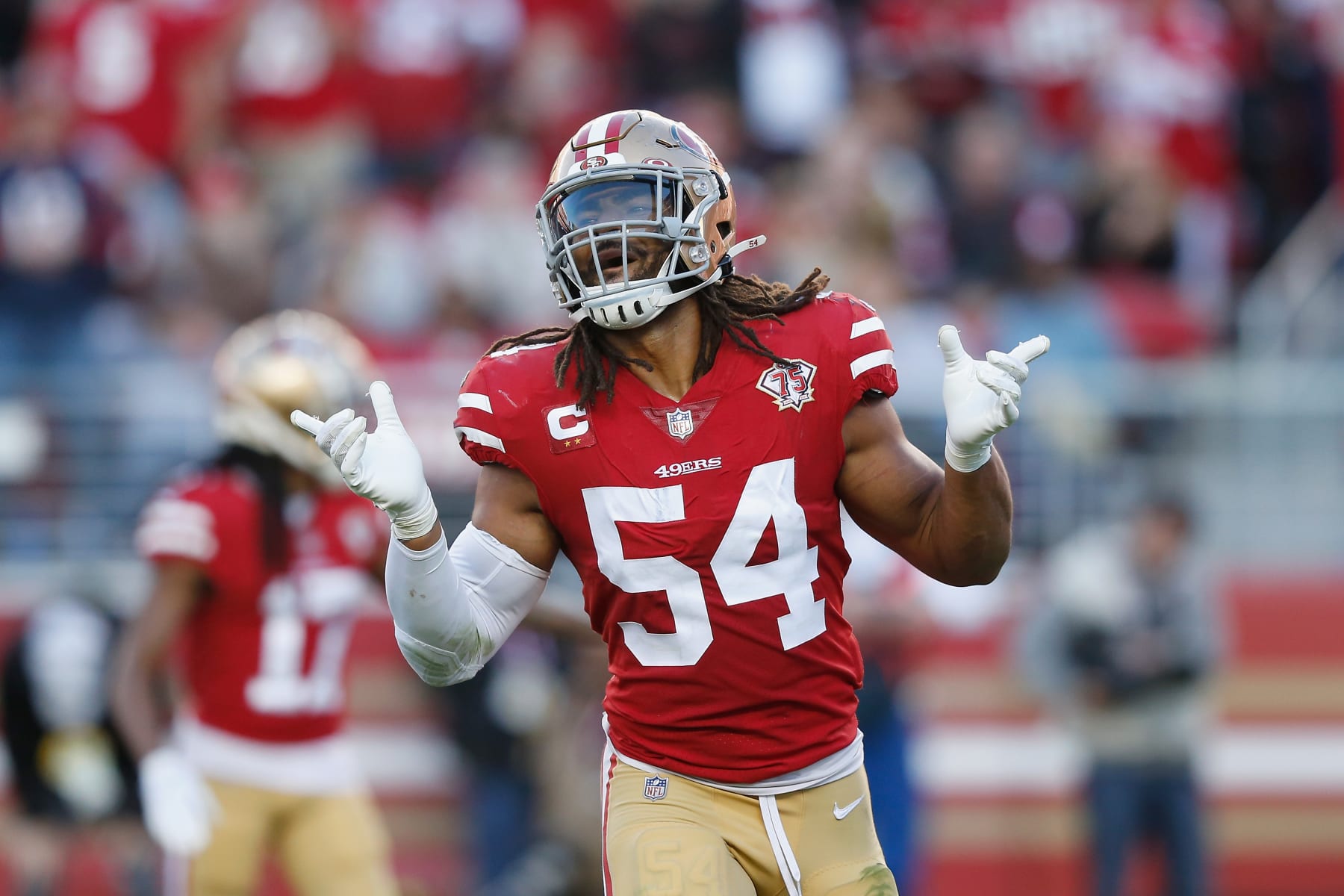 SANTA CLARA, CALIFORNIA - JANUARY 02: Fred Warner #54 of the San Francisco 49ers celebrates after a defensive stop in the fourth quarter against the Houston Texans at Levi's Stadium on January 02, 2022 in Santa Clara, California. (Photo by Lachlan Cunningham/Getty Images)