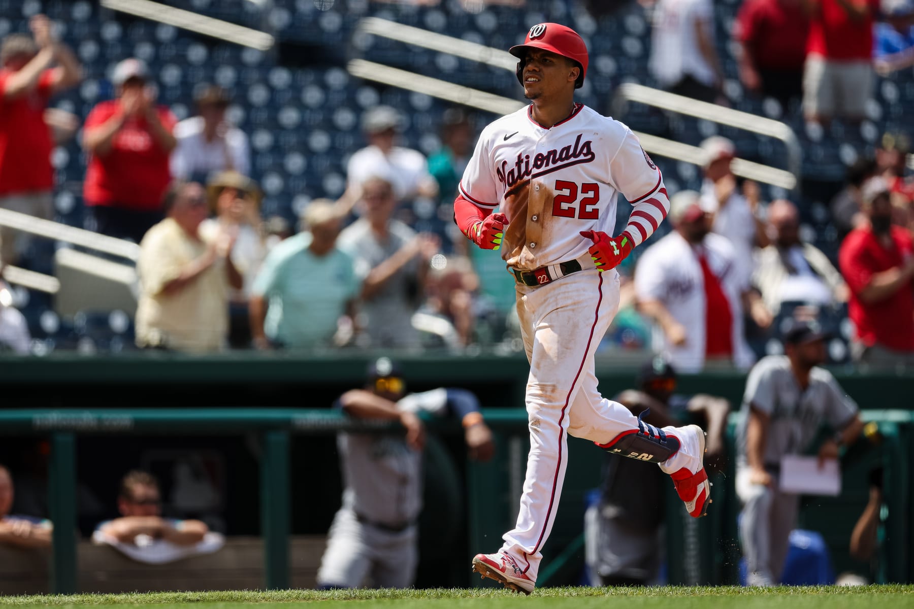 WASHINGTON, DC - JULY 13: Juan Soto #22 of the Washington Nationals rounds the bases after hitting a three run home run against the Seattle Mariners during the ninth inning of game one of a doubleheader at Nationals Park on July 13, 2022 in Washington, DC.  (Photo by Scott Taetsch/Getty Images)