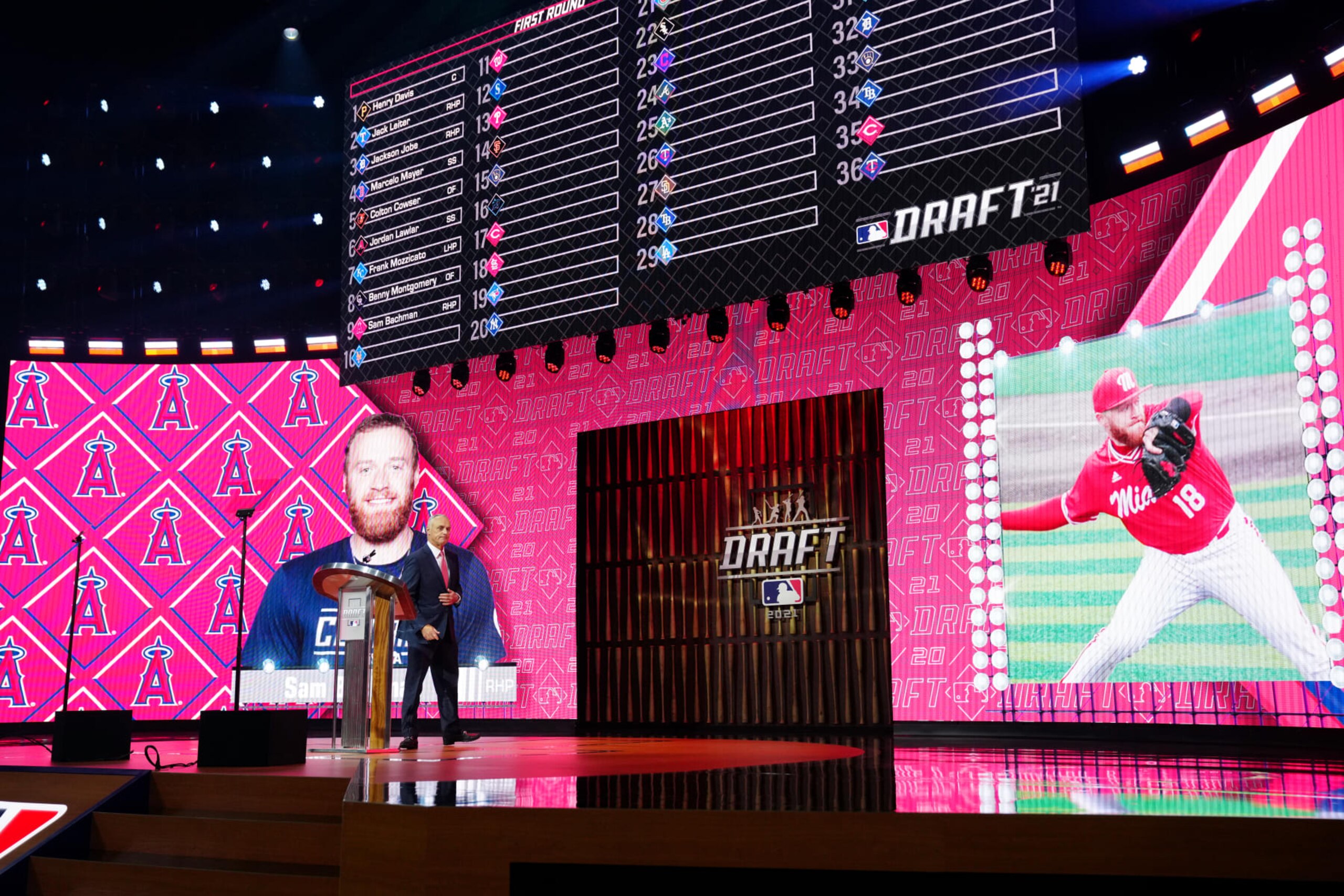 DENVER, CO - JULY 11:  MLB Commissioner Rob Manfred announces Sam Bachman as the ninth overall pick for the Los Angeles Angels during the 2021 Major Leauge Baseball Draft at Bellco Theater at Colorado Convention Center on Sunday, July 11, 2021 in Denver, Colorado. (Photo by Daniel Shirey/MLB Photos via Getty Images)