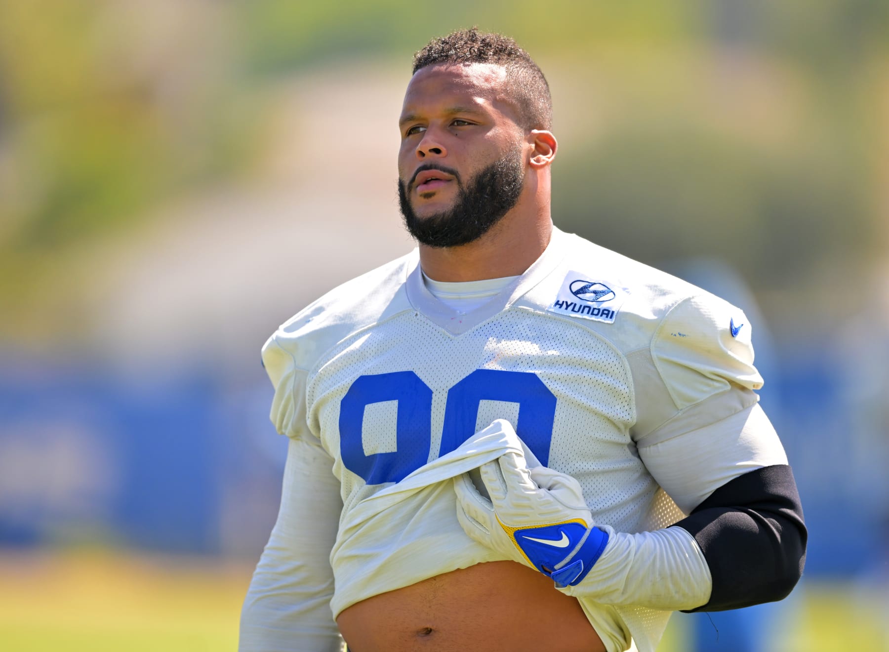 THOUSAND OAKS, CA - JUNE 8: Aaron Donald #99 of the Los Angeles Rams looks on during mini camp on June 8, 2022 at the team's facility at California Lutheran University in Thousand Oaks, California. (Photo by Jayne Kamin-Oncea/Getty Images)