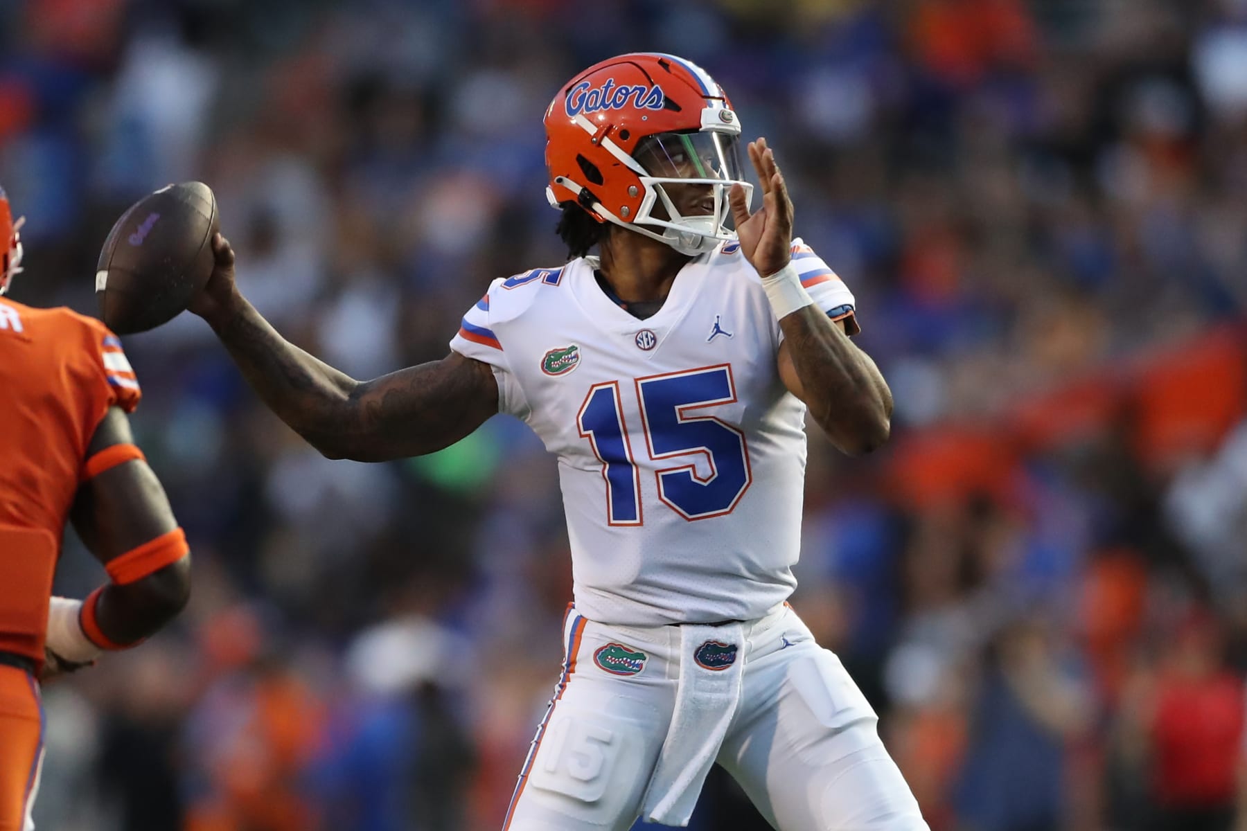 GAINESVILLE, FL - APRIL 14: Florida Gators quarterback Anthony Richardson (15) makes a pass attempt during the Florida Spring football game on Thursday, April 14, 2022 at Ben Hill Griffin Stadium at Florida Field in Gainesville, FL (Photo by Peter Joneleit/Icon Sportswire via Getty Images)
