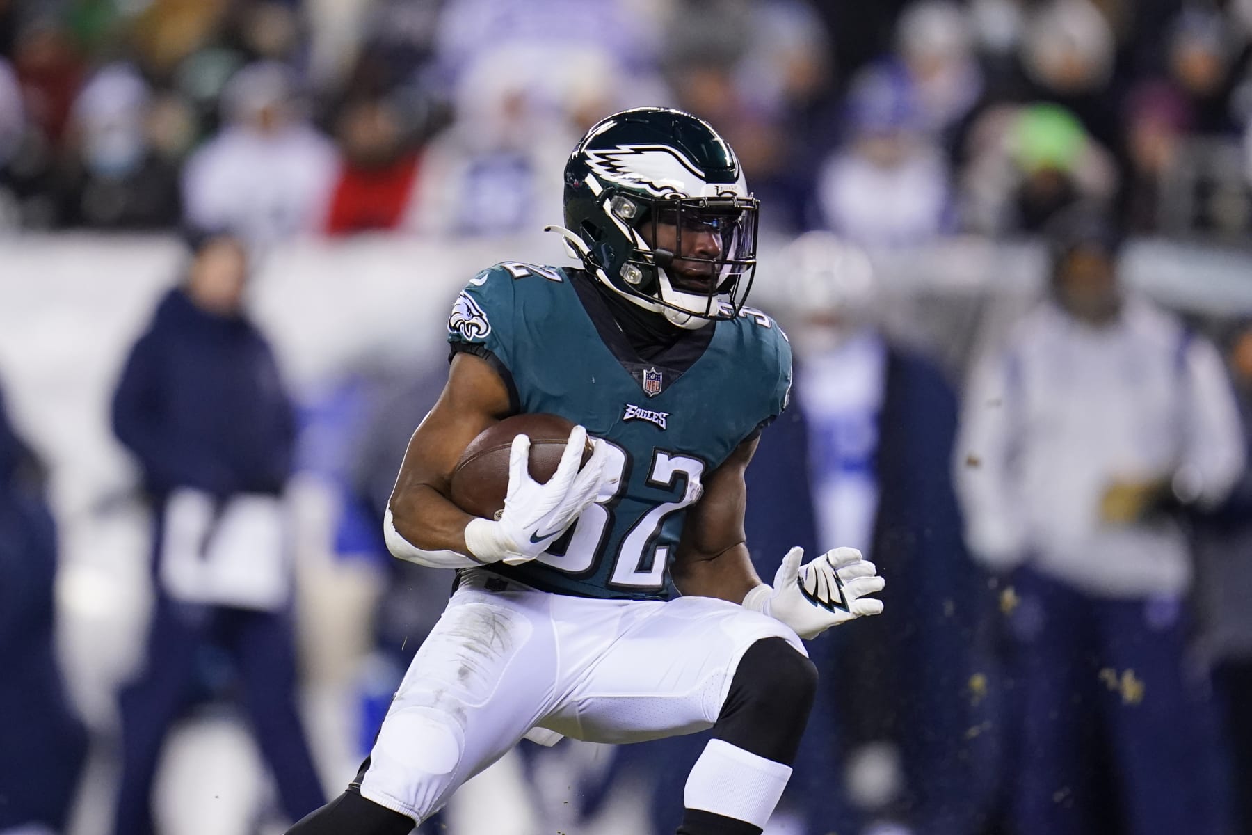 Philadelphia Eagles running back Jason Huntley during the first half of an NFL football game against the Dallas Cowboys, Saturday, Jan. 8, 2022, in Philadelphia. (AP Photo/Julio Cortez)