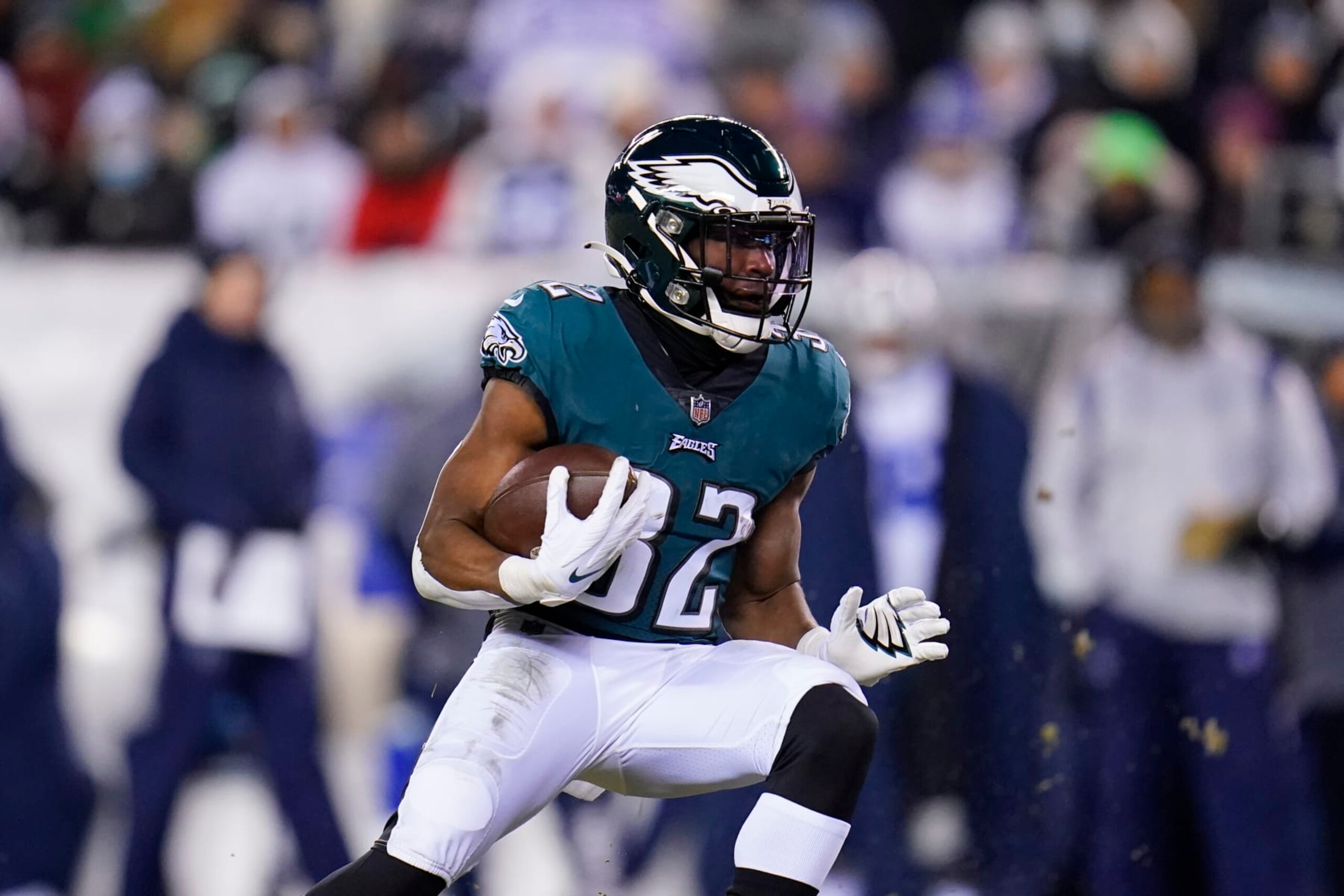 Philadelphia Eagles running back Jason Huntley during the first half of an NFL football game against the Dallas Cowboys, Saturday, Jan. 8, 2022, in Philadelphia. (AP Photo/Julio Cortez)