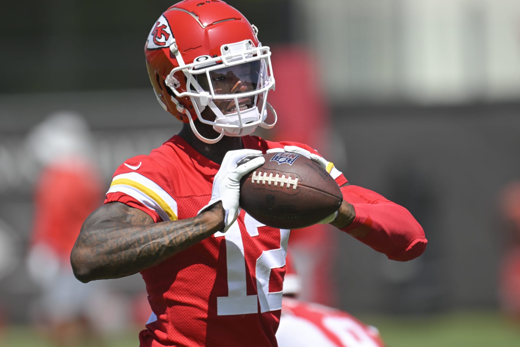 Kansas City Chiefs wide receiver Josh Gordon during drills in the NFL football team's mandatory minicamp Tuesday, June 14, 2022, in Kansas City, Mo. (AP Photo/Reed Hoffmann)