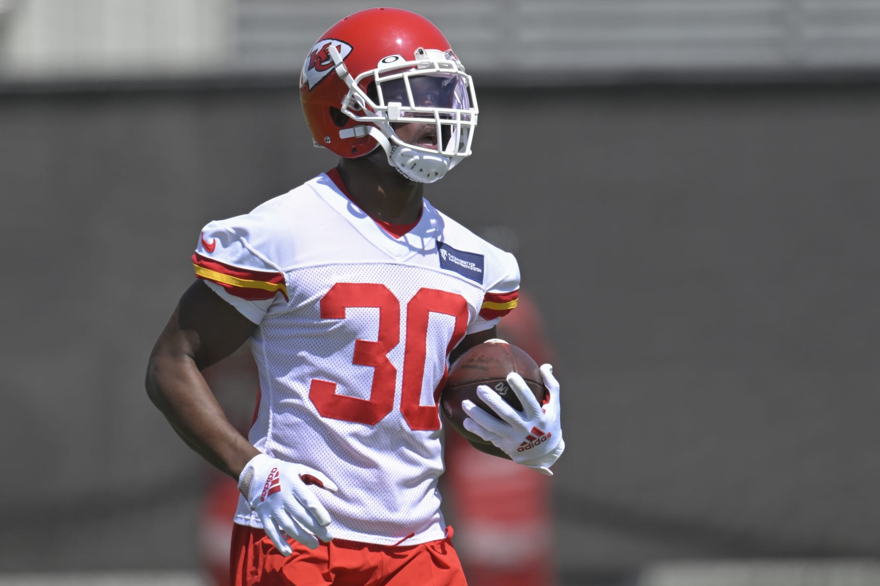 Kansas City Chiefs cornerback Deandre Baker during drills at the NFL football team's mandatory minicamp Tuesday, June 14, 2022, in Kansas City, Mo. (AP Photo/Reed Hoffmann)