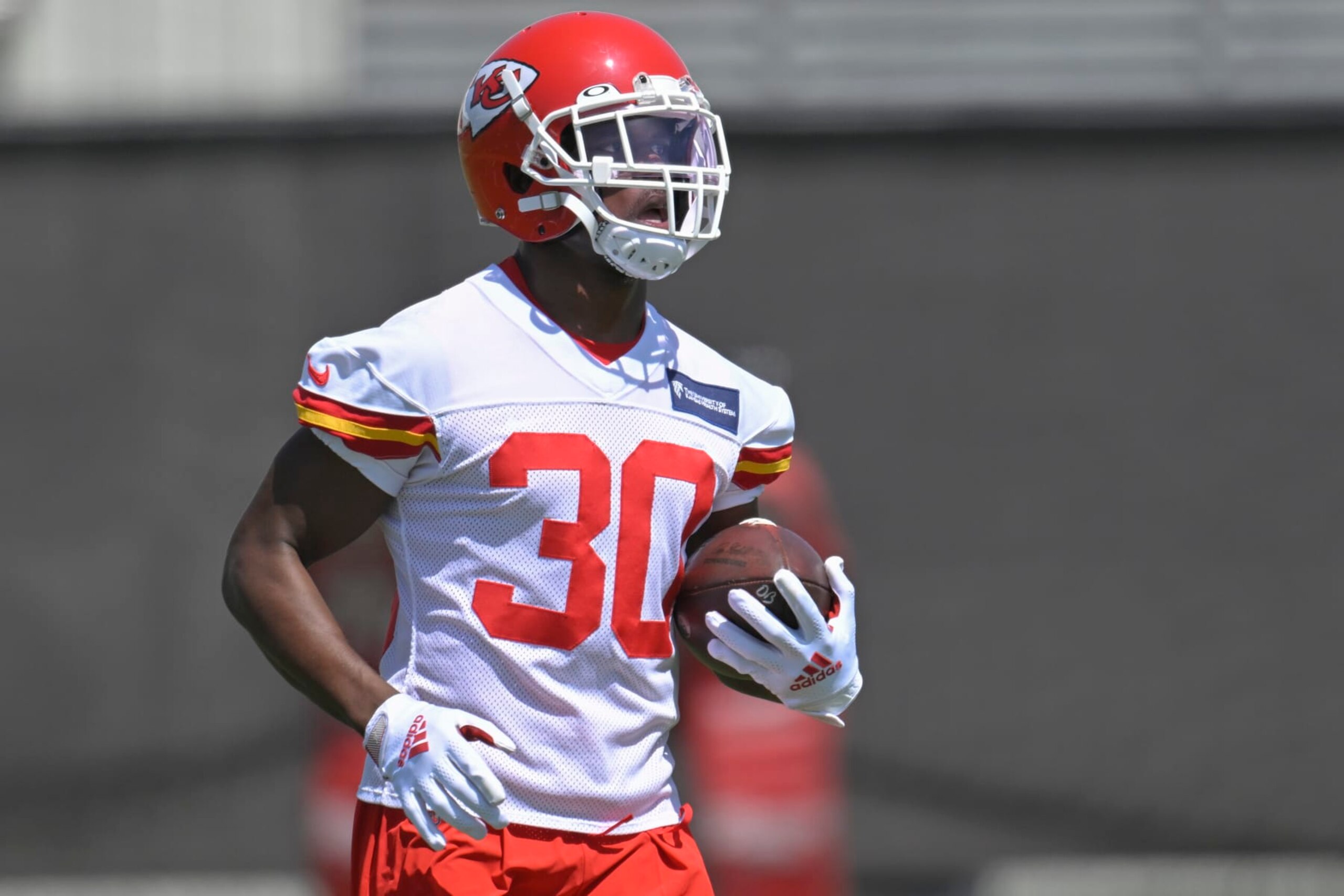 Kansas City Chiefs cornerback Deandre Baker during drills at the NFL football team's mandatory minicamp Tuesday, June 14, 2022, in Kansas City, Mo. (AP Photo/Reed Hoffmann)