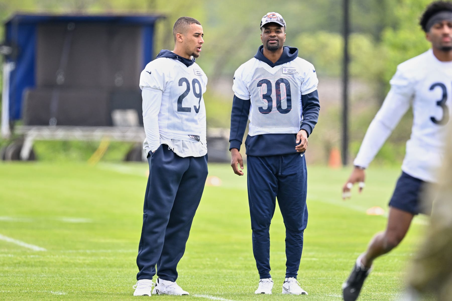 LAKE FOREST, IL - MAY 24: Chicago Bears defensive backs Michael Joseph (30) and Dane Cruikshank (29) chat and look on during the the Chicago Bears OTA Offseason Workouts on May 24, 2022 at Halas Hall in Lake Forest, IL. (Photo by Robin Alam/Icon Sportswire via Getty Images)