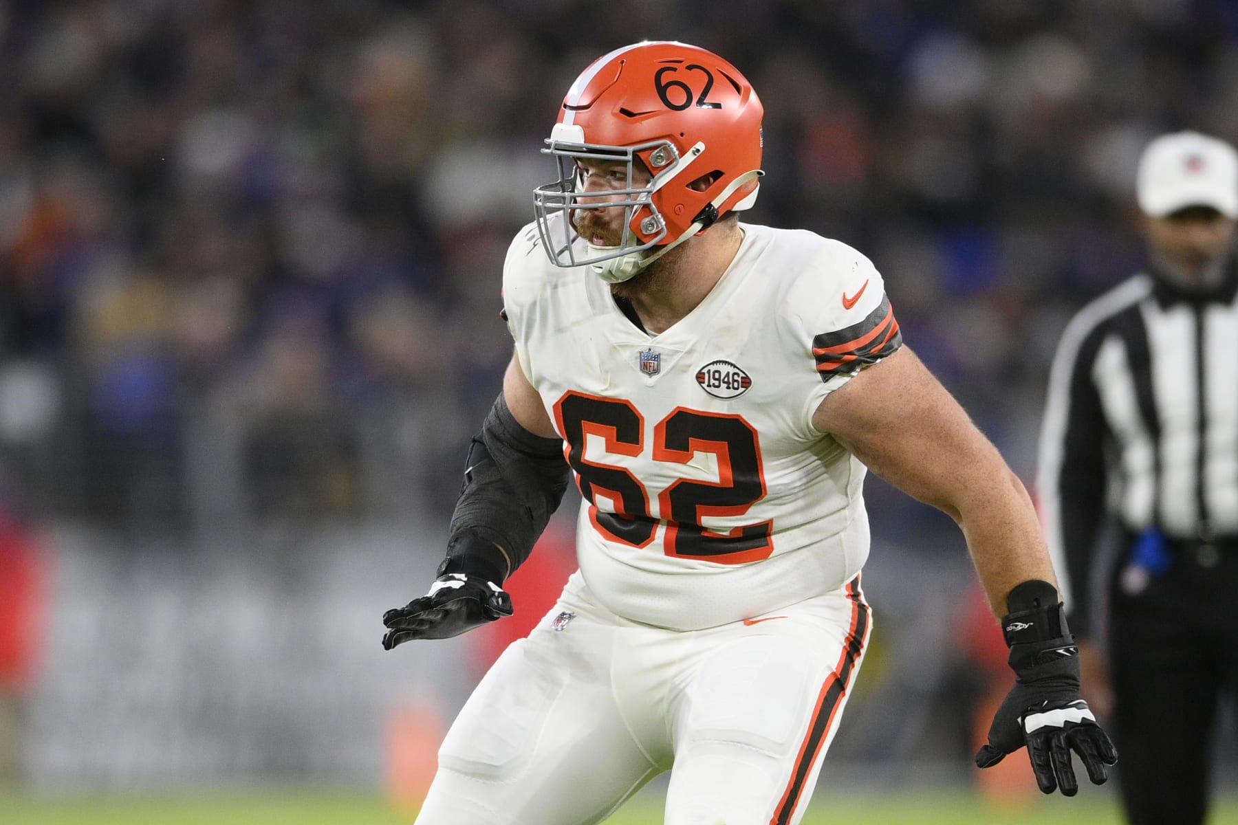 Cleveland Browns guard Blake Hance (62) in action during the first half of an NFL football game against the Baltimore Ravens, Sunday, Nov. 28, 2021, in Baltimore. (AP Photo/Nick Wass)
